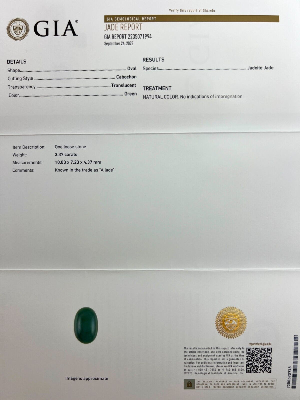 GIA Certified Jadeite A Grade Jade 4.06ct Untreated Yellow Gold Oval Signet Ring