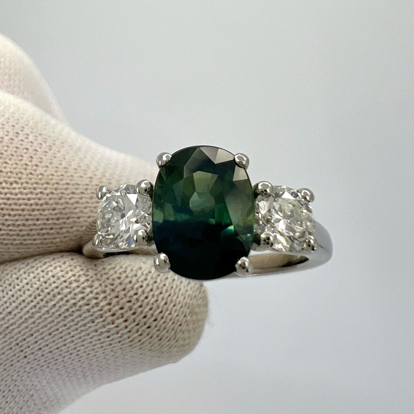 2.55ct Deep Blue Green Bi Colour Sapphire & Diamond Platinum Three Stone Ring