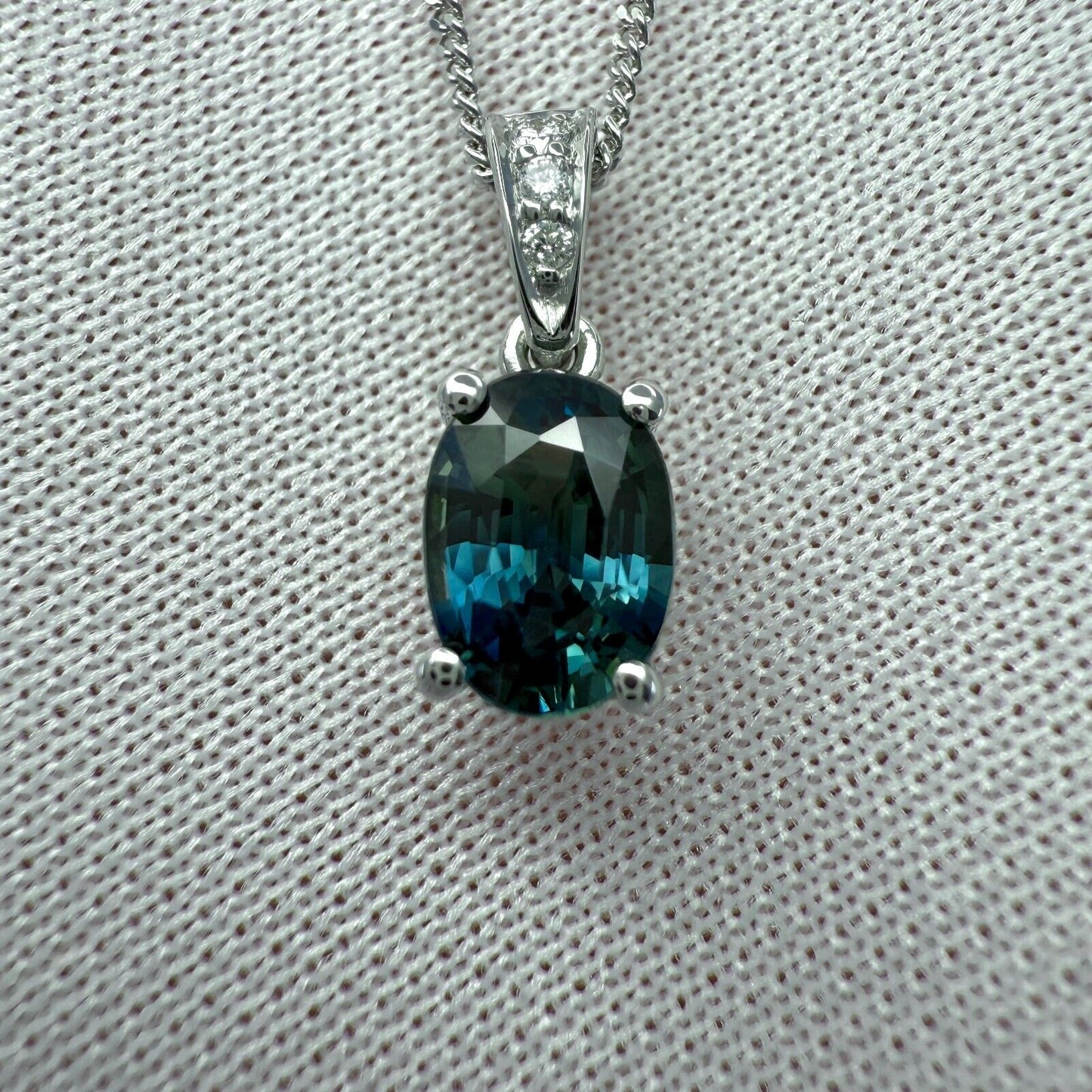 1.01ct Vivid Green Blue Sapphire & Diamond Platinum Oval Cut Solitaire Pendant