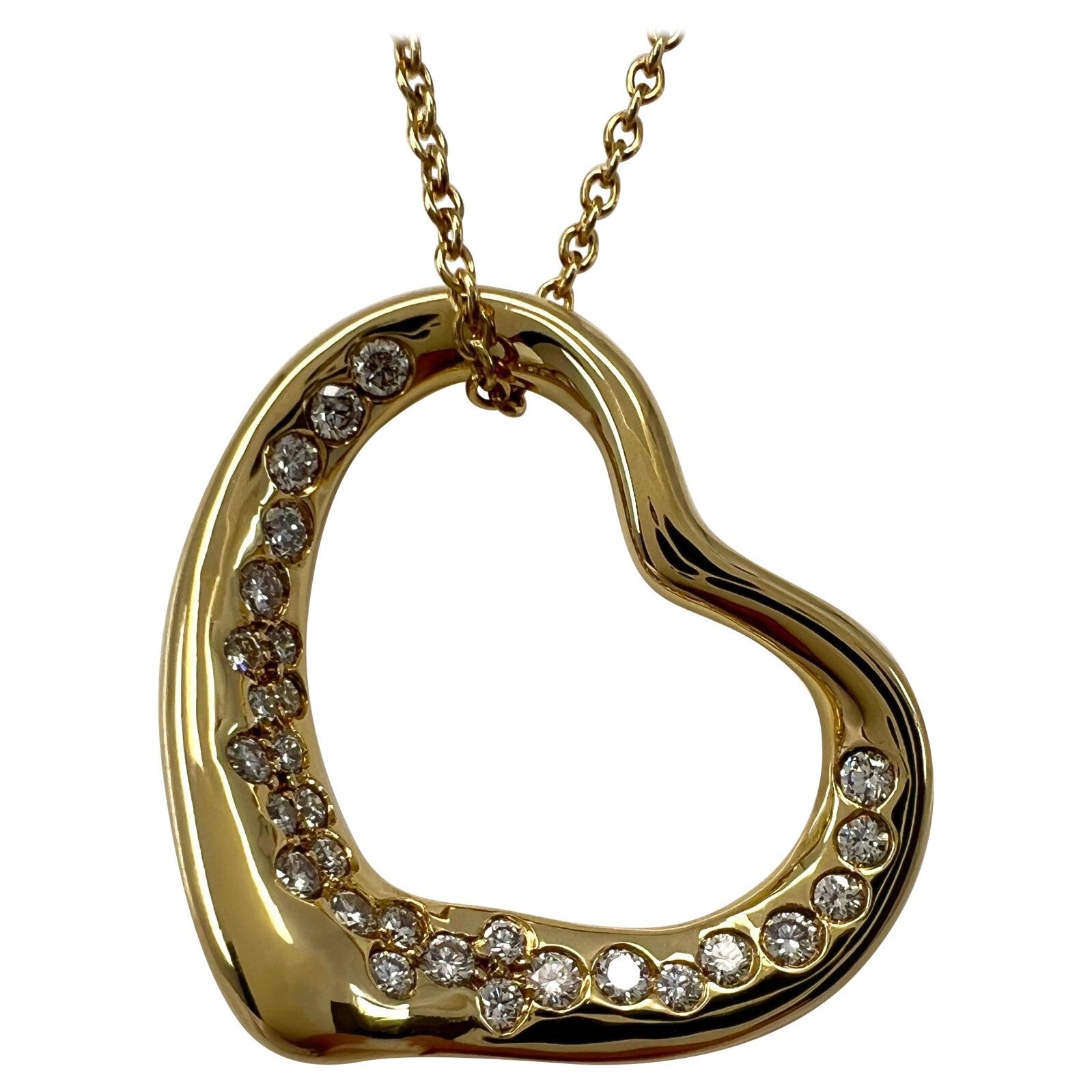 Tiffany Elsa Peretti Open Heart Diamond 18k Yellow Gold Pendant