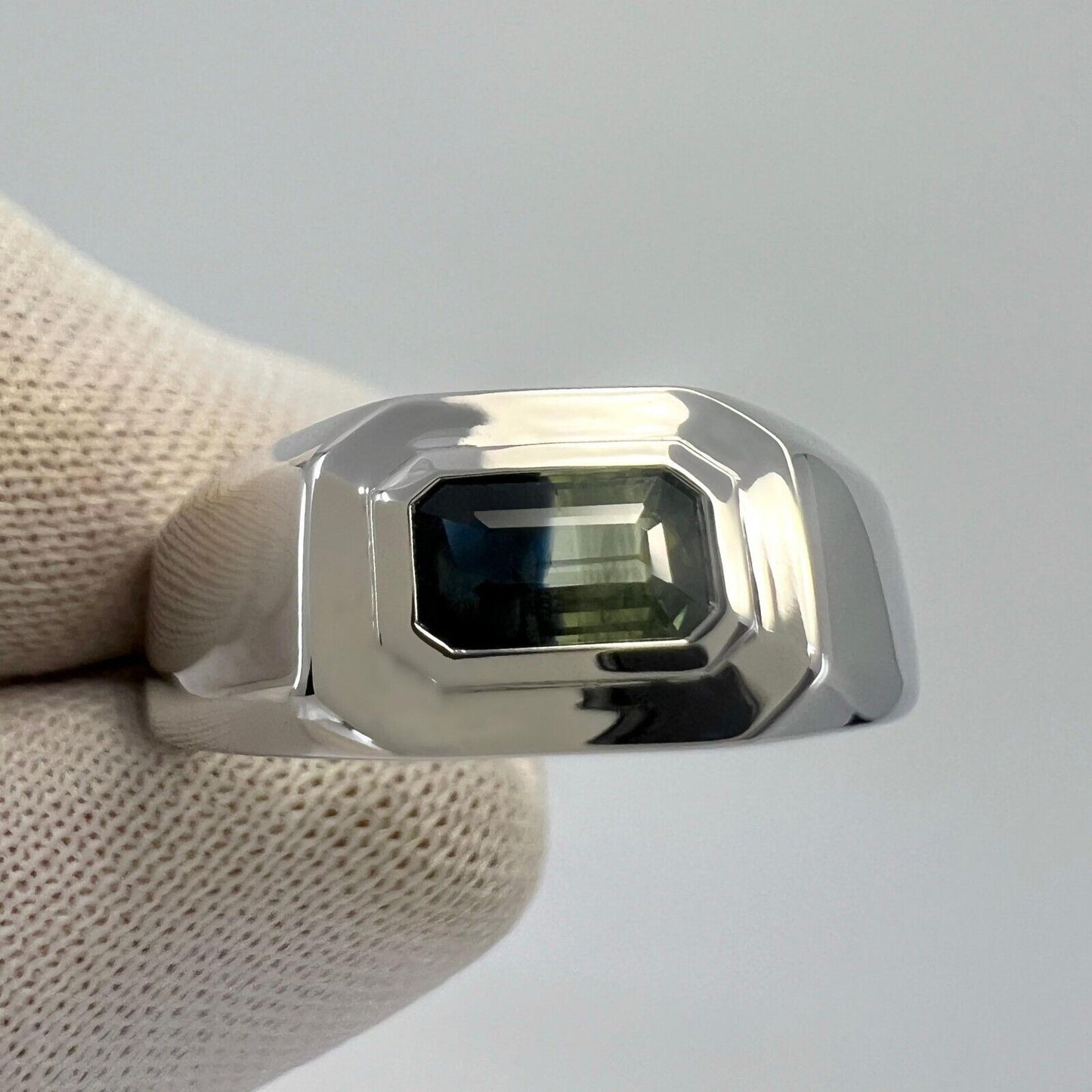 IGI Certified Bi Colour Blue Yellow Sapphire Emerald Cut 18k Gold East West Ring