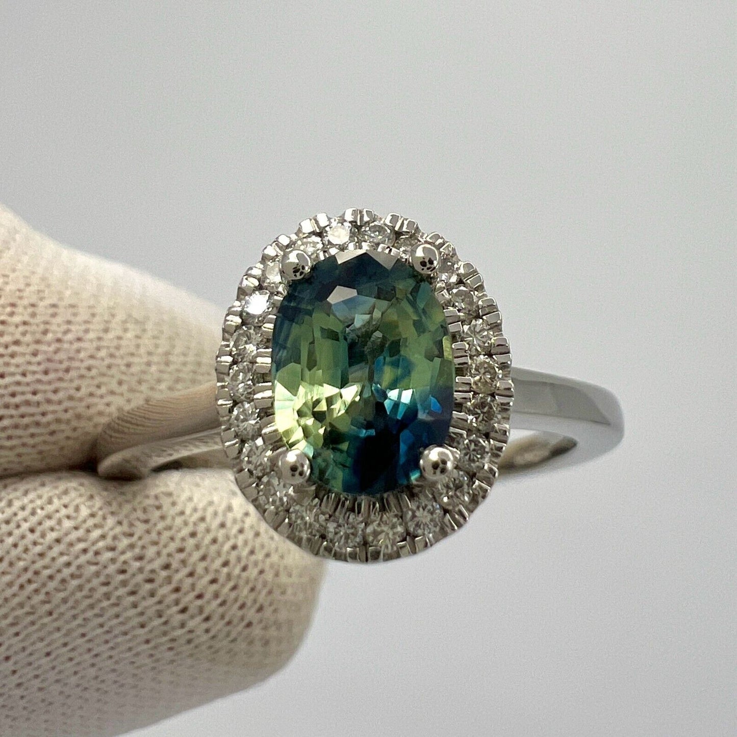 1.22ct Parti Bi Colour Oval Cut Blue Green Sapphire & Diamond Platinum Halo Ring