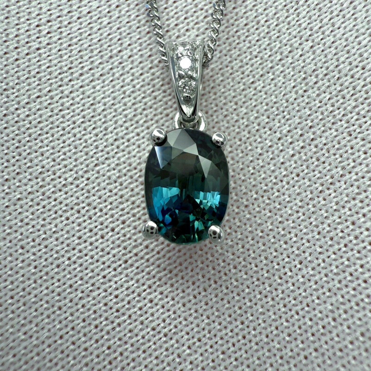 1.01ct Vivid Green Blue Sapphire & Diamond Platinum Oval Cut Solitaire Pendant