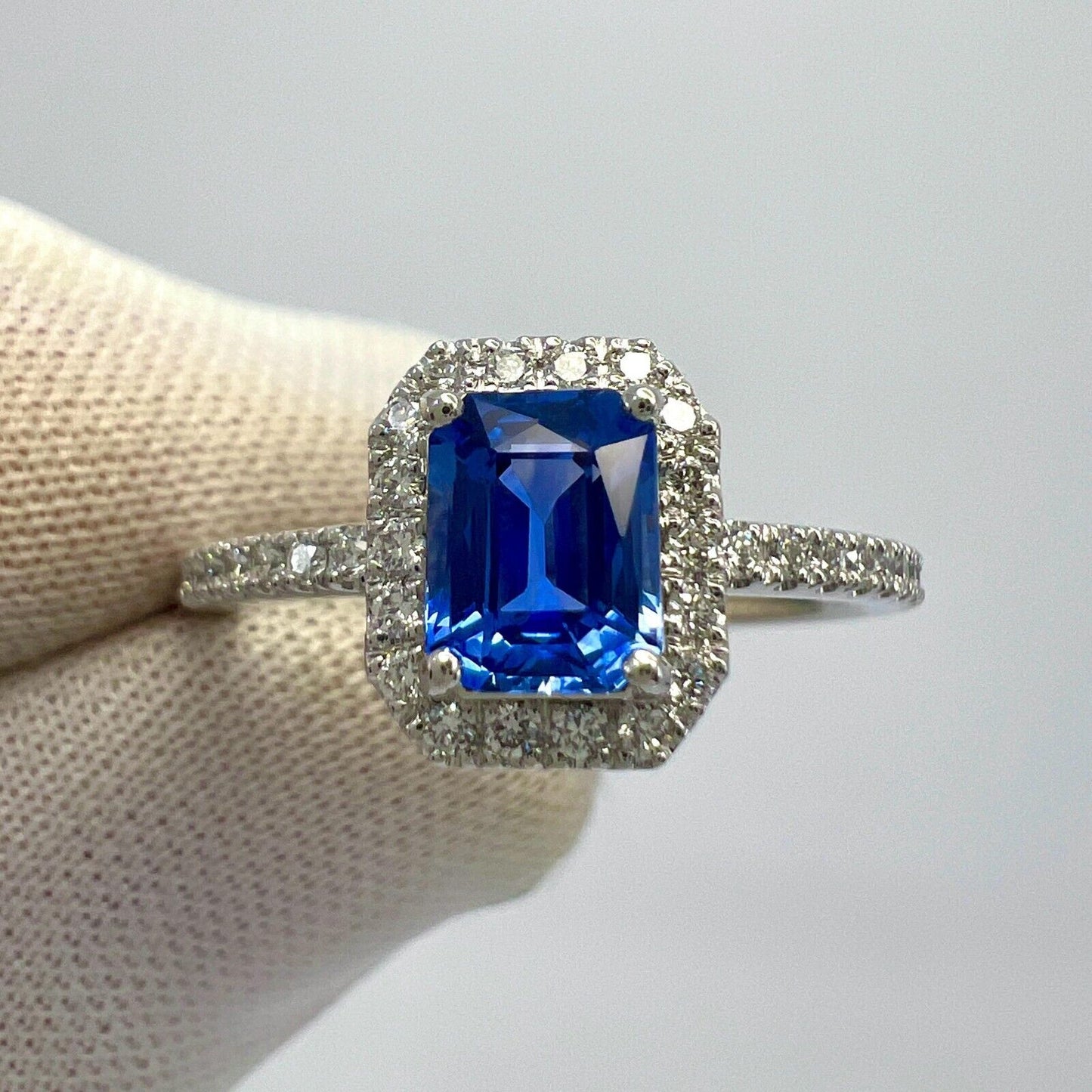 Certified Octagon Violet Blue Ceylon Sapphire & Diamond 18k White Gold Halo Ring