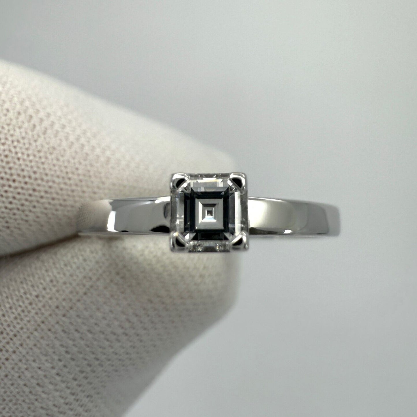 Vintage Chopard Asscher Cut Diamond Hidden Halo 18k White Gold Solitaire Ring