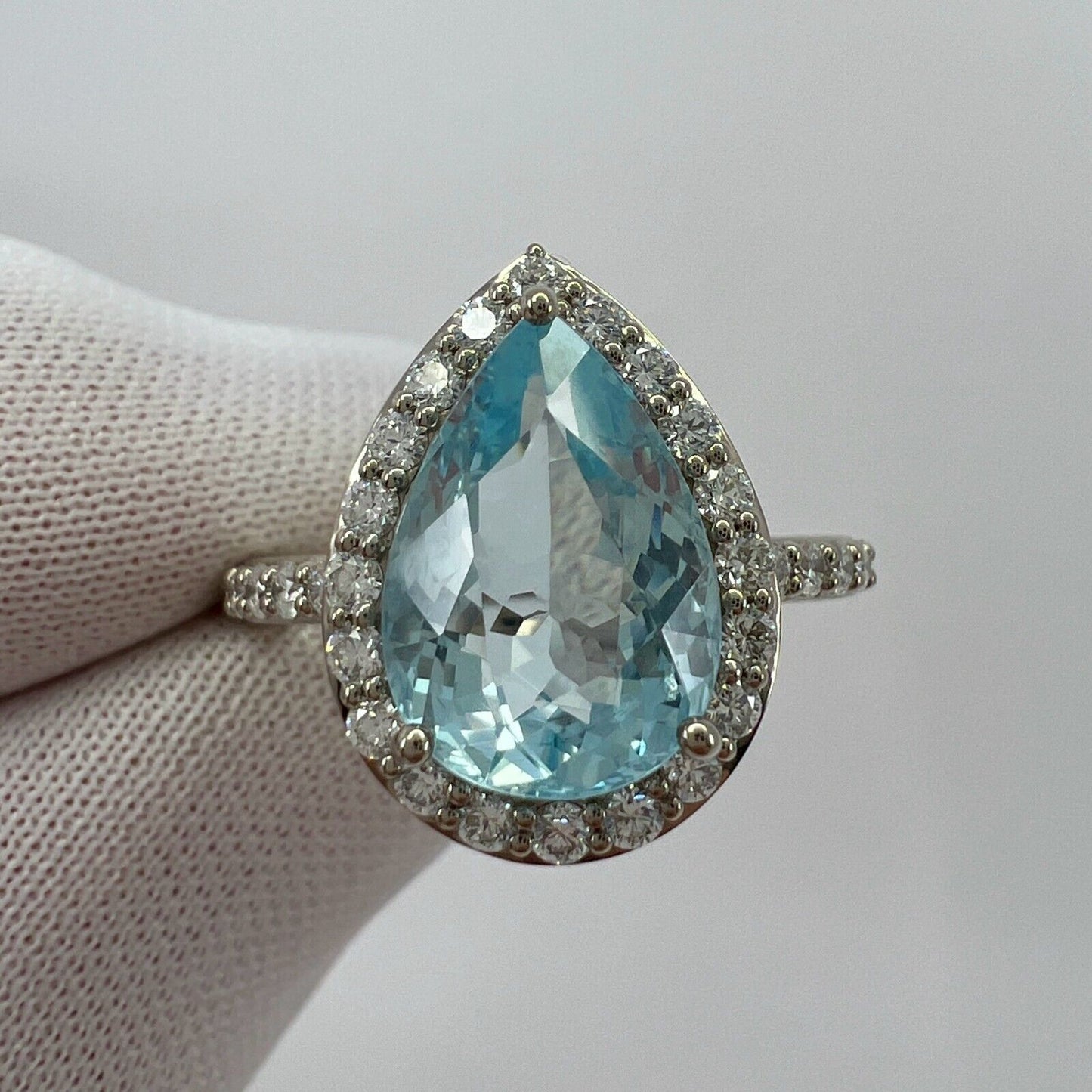 3.07ct Fine Blue Aquamarine & Diamond 18k White Gold Pear Cut Cluster Halo Ring
