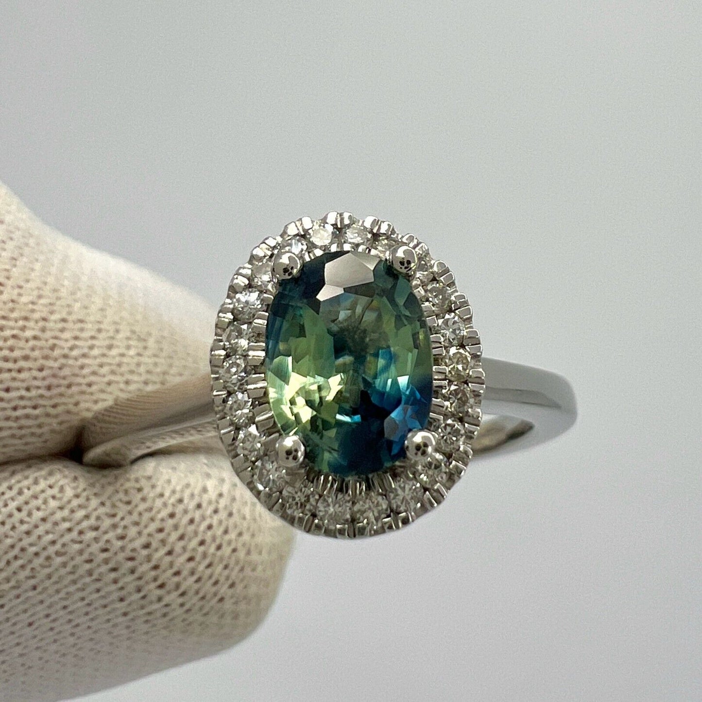 1.22ct Parti Bi Colour Oval Cut Blue Green Sapphire & Diamond Platinum Halo Ring
