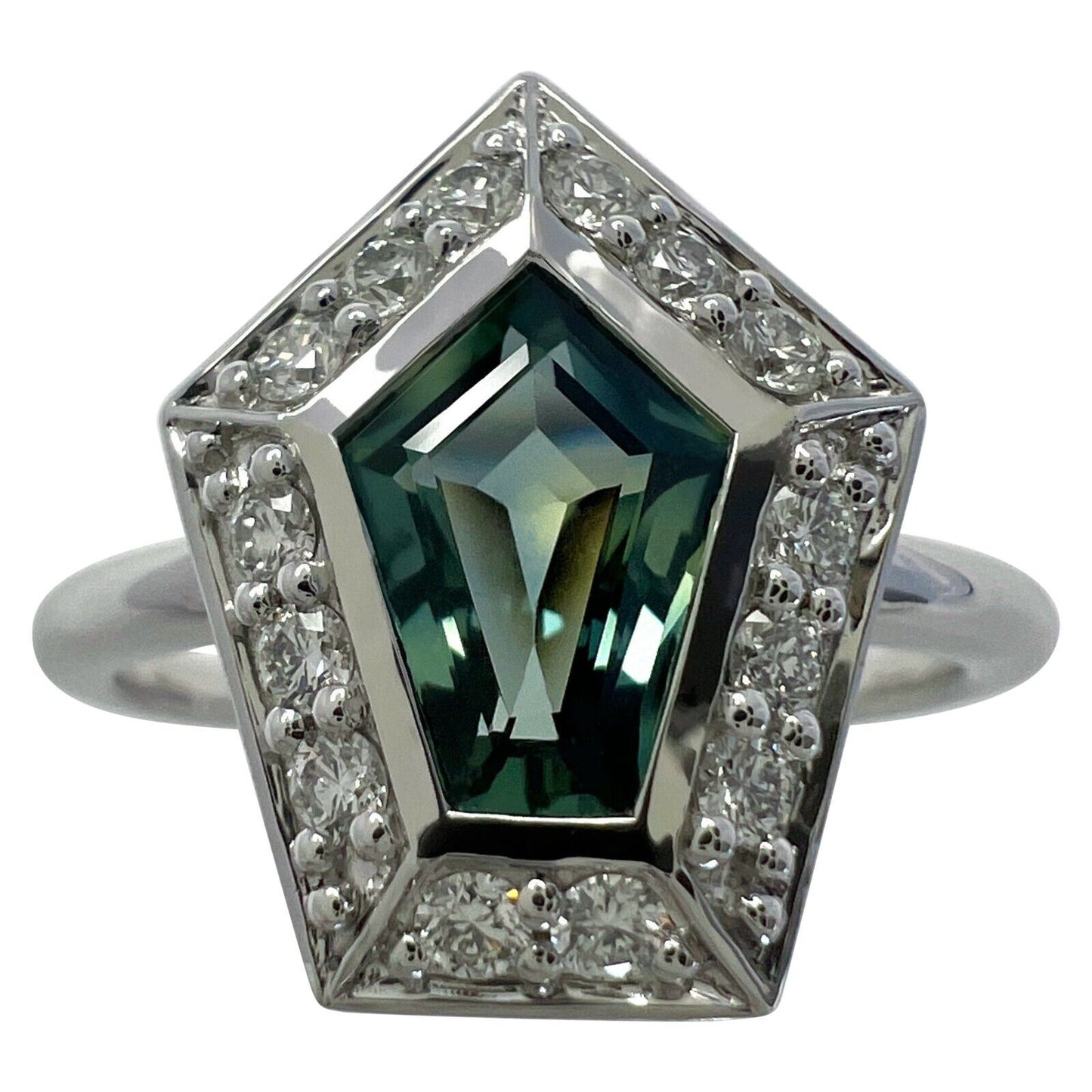 GIA Certified 1.35ct Untreated Sapphire Green Blue & Diamond 18k White Gold Ring