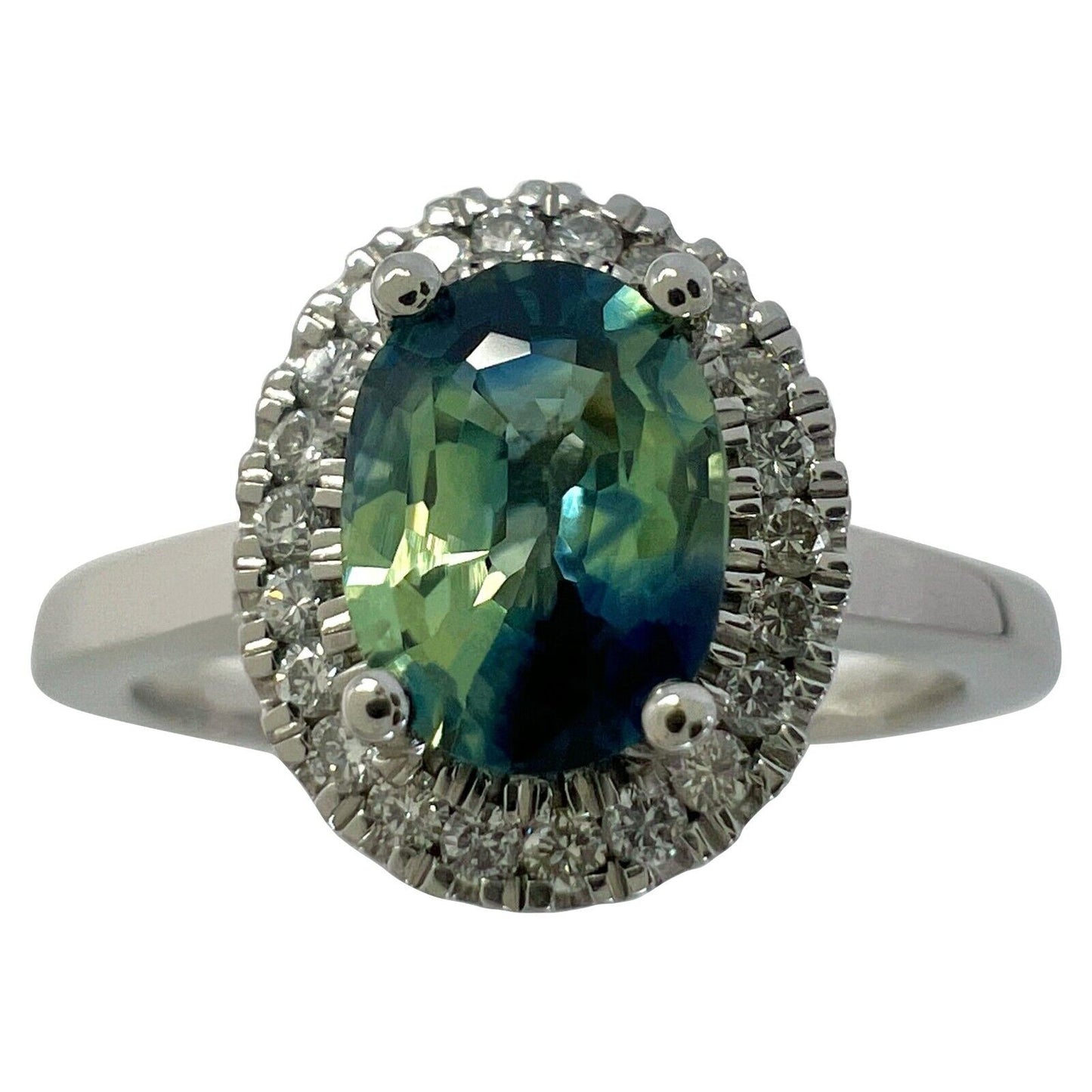 1.22ct Parti Bi Colour Oval Cut Blue Green Sapphire & Diamond Platinum Halo Ring
