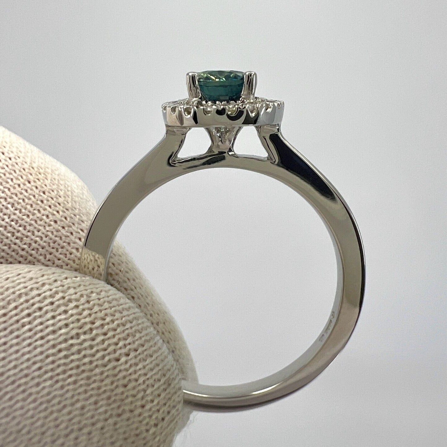 1.22ct Parti Bi Colour Oval Cut Blue Green Sapphire & Diamond Platinum Halo Ring