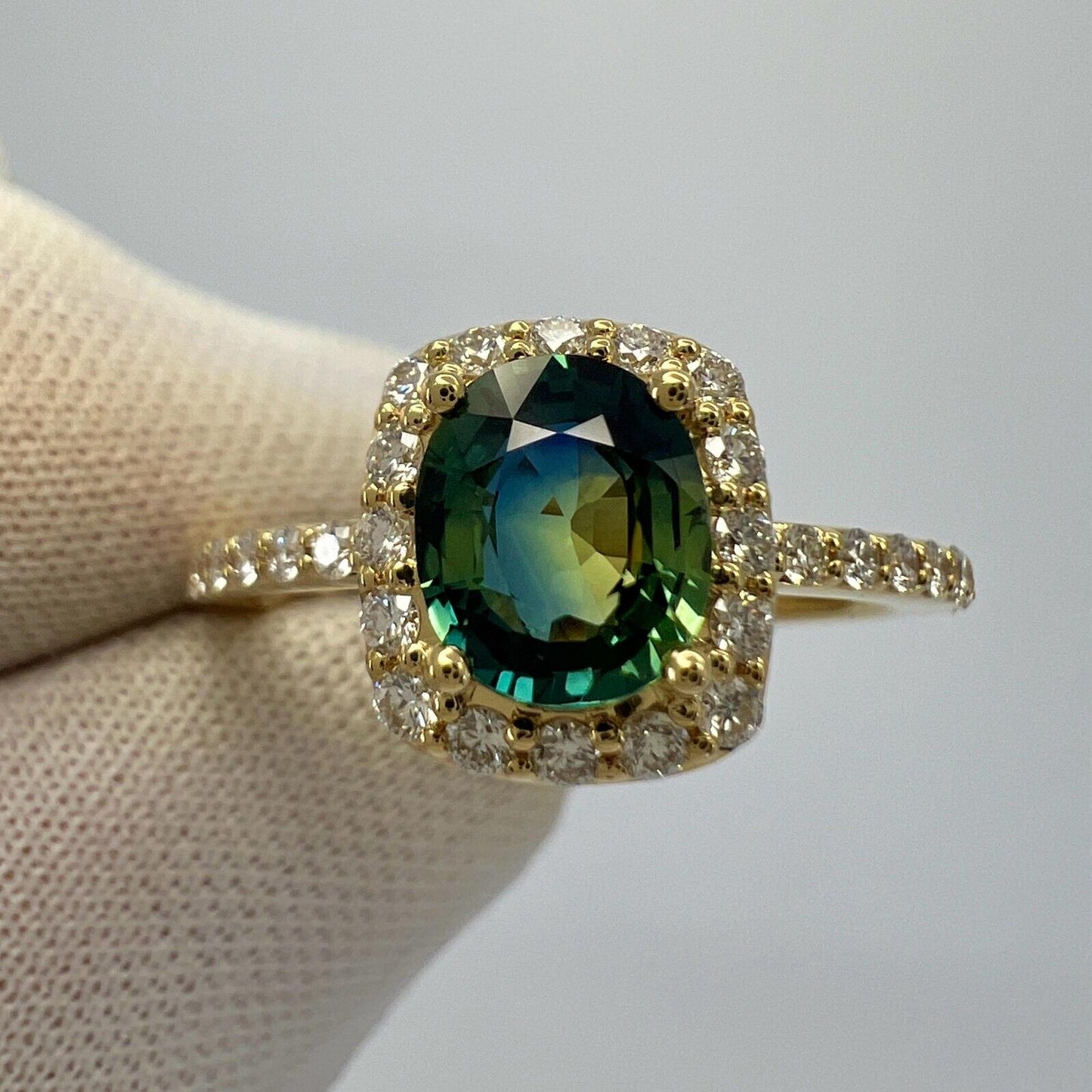 Certified 1.43ct Parti Colour Blue Yellow Sapphire & Diamond 18k Gold Halo Ring
