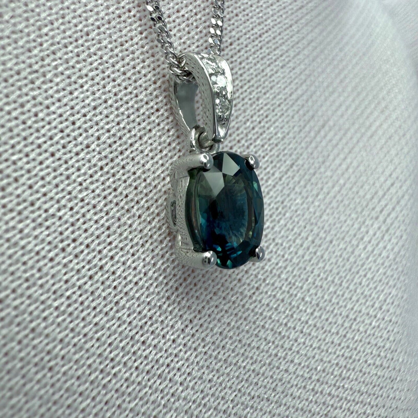 1.01ct Vivid Green Blue Sapphire & Diamond Platinum Oval Cut Solitaire Pendant