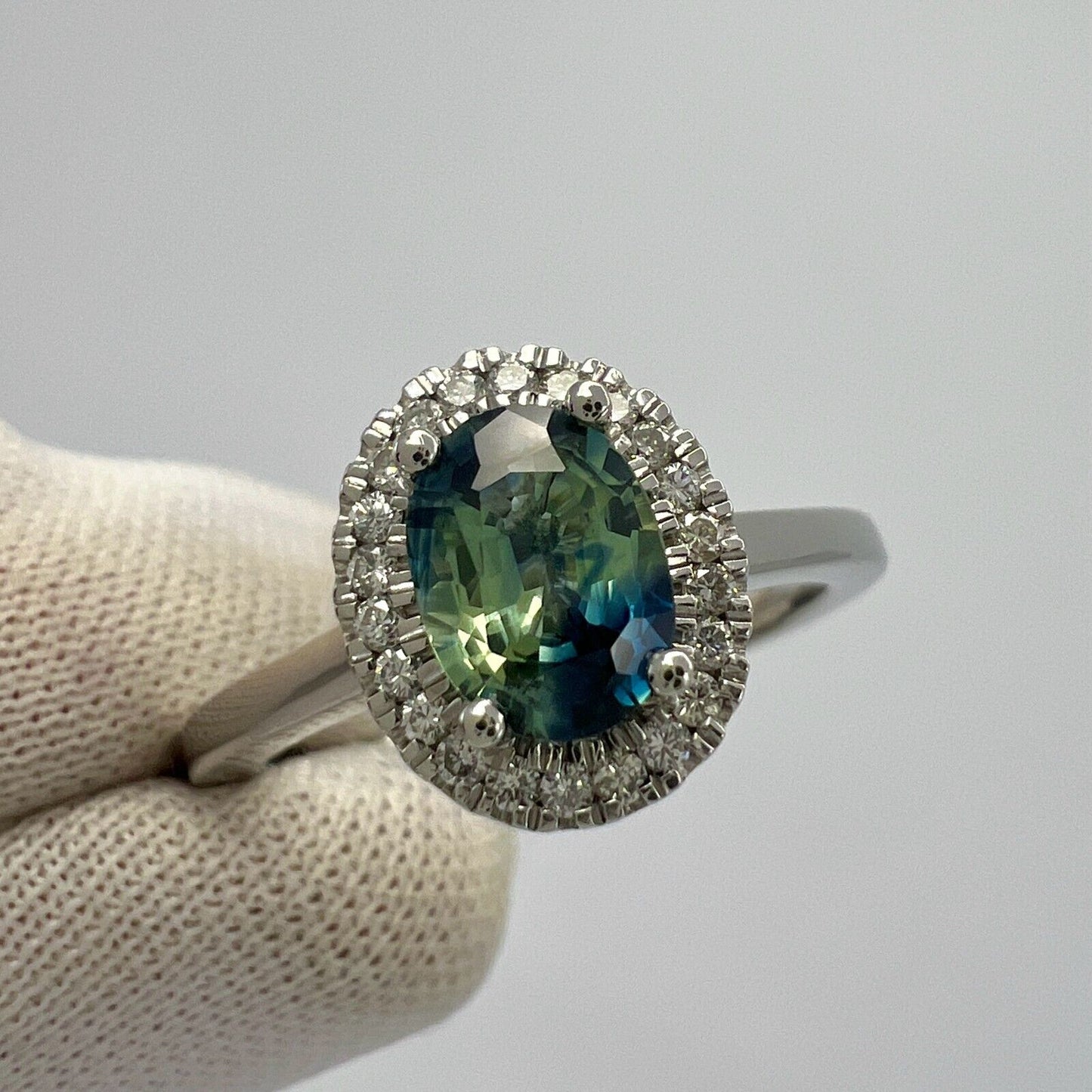 1.22ct Parti Bi Colour Oval Cut Blue Green Sapphire & Diamond Platinum Halo Ring