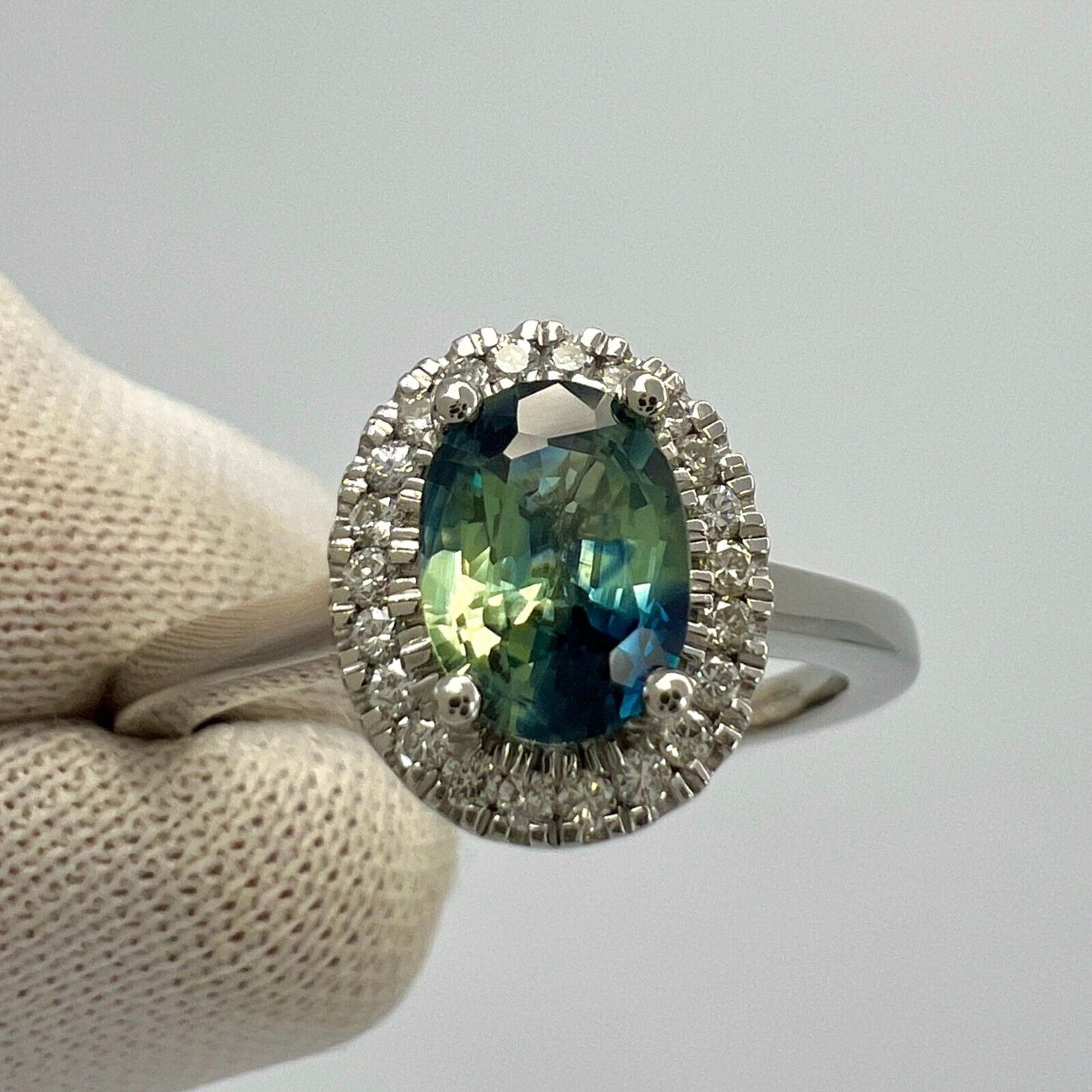 1.22ct Parti Bi Colour Oval Cut Blue Green Sapphire & Diamond Platinum Halo Ring