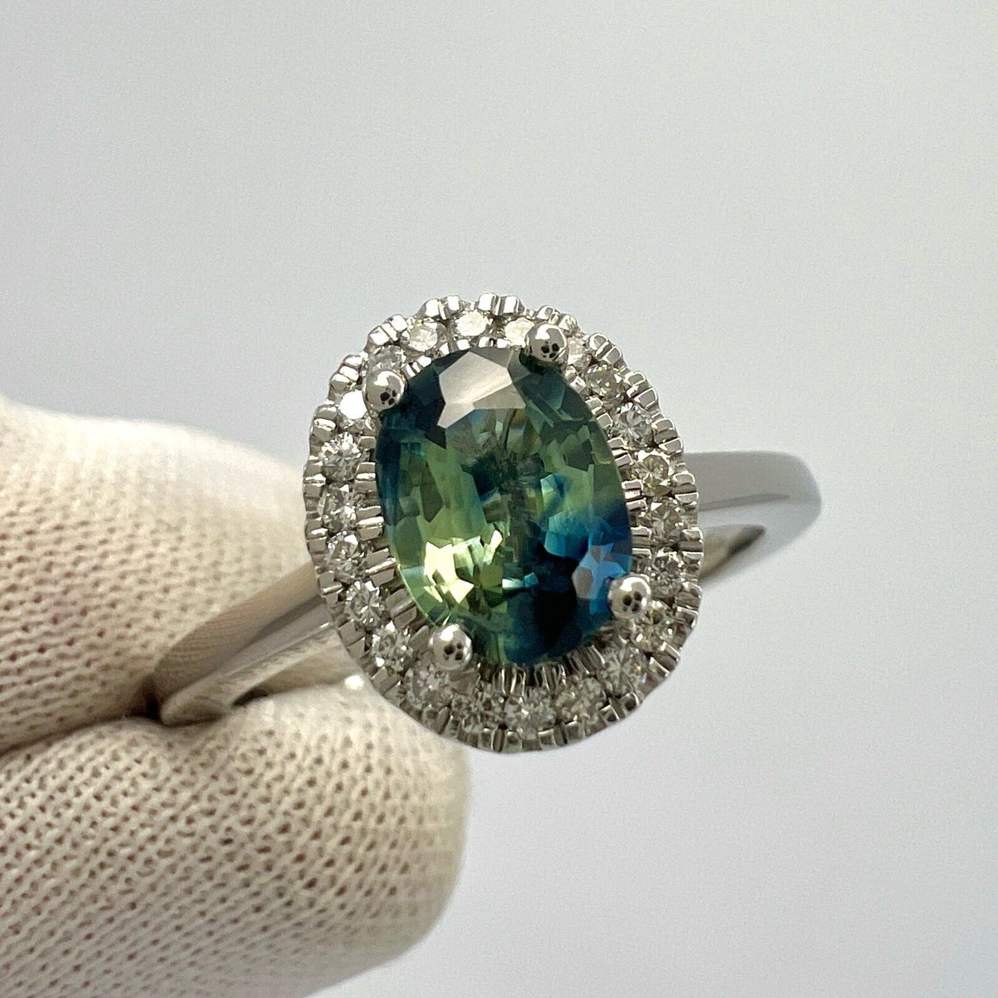 1.22ct Parti Bi Colour Oval Cut Blue Green Sapphire & Diamond Platinum Halo Ring