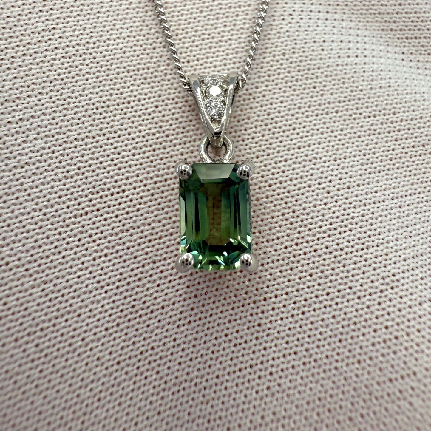 1.16ct Vivid Green Sapphire & Diamond Platinum Emerald Cut Solitaire Pendant