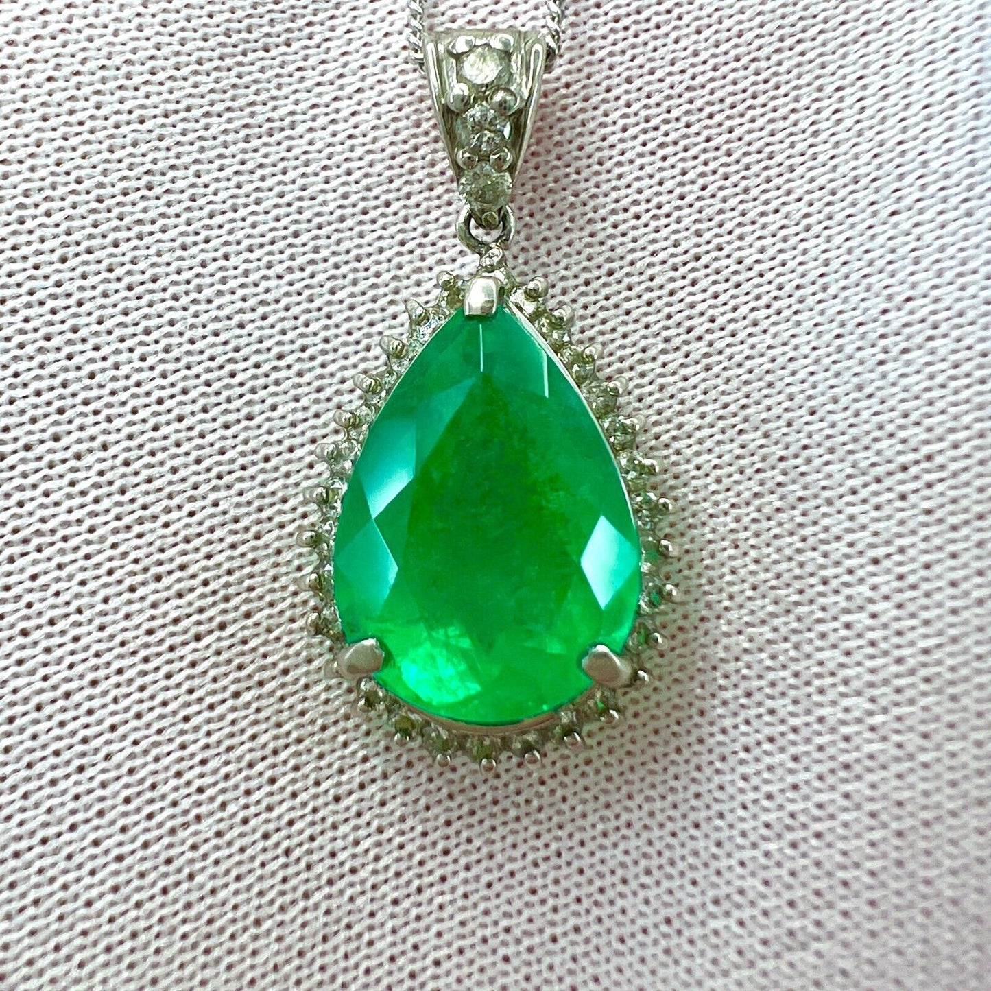 4.17ct GIA Certified Colombian Emerald & Diamond Pear Cut Platinum Halo Pendant