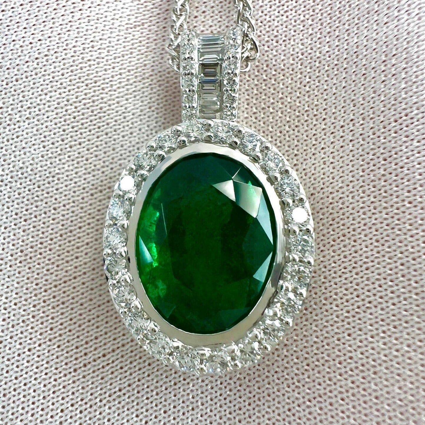 6.06ct GIA Certified Oval Cut Emerald & Diamond 18k White Gold Pendant Necklace