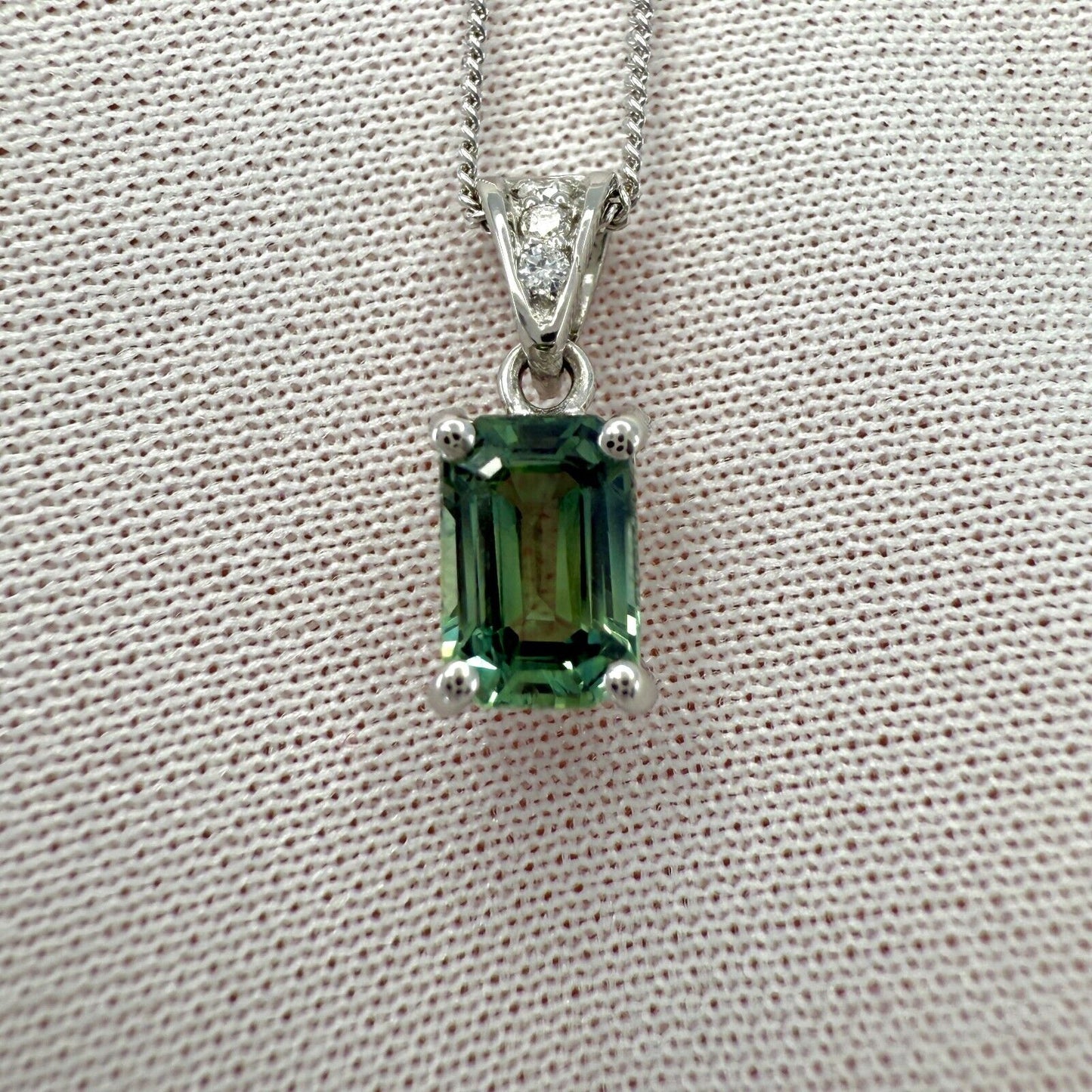 1.16ct Vivid Green Sapphire & Diamond Platinum Emerald Cut Solitaire Pendant