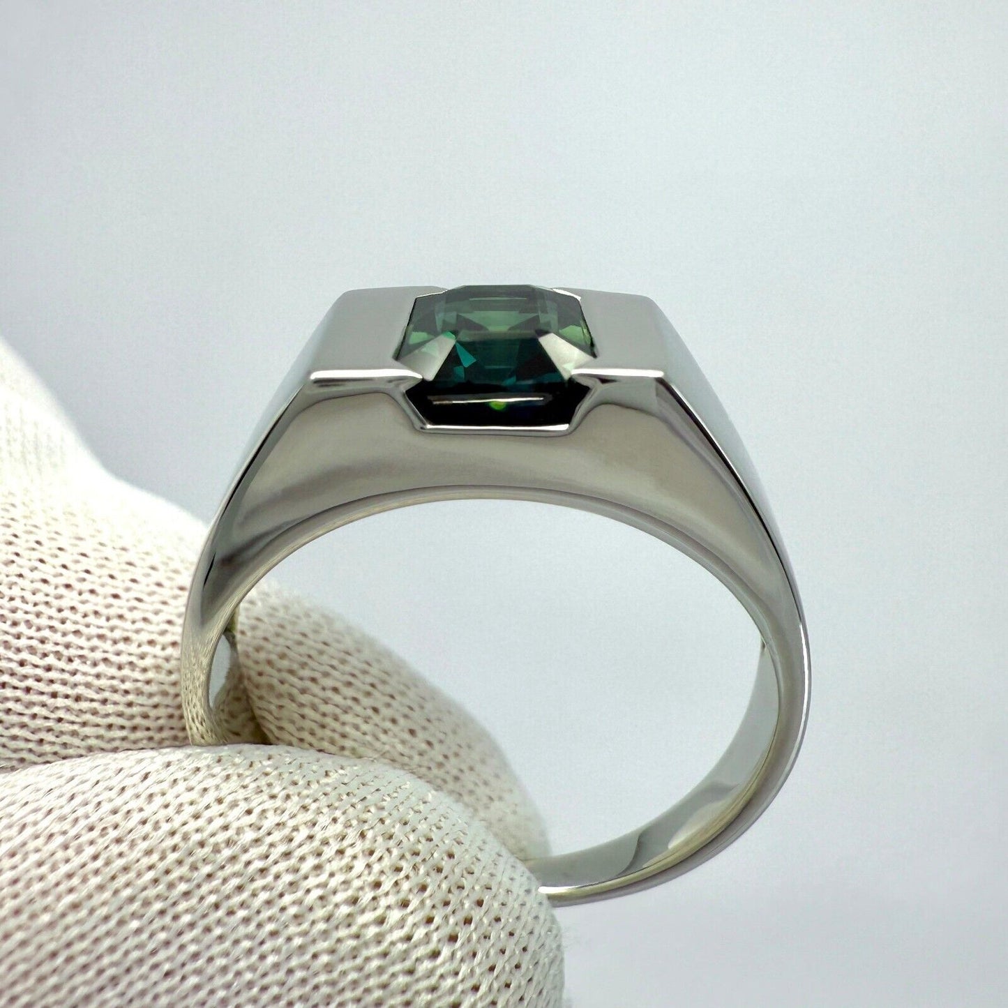 IGI Certified 1.48ct Blue Green No Heat Sapphire Fancy Platinum Signet Band Ring