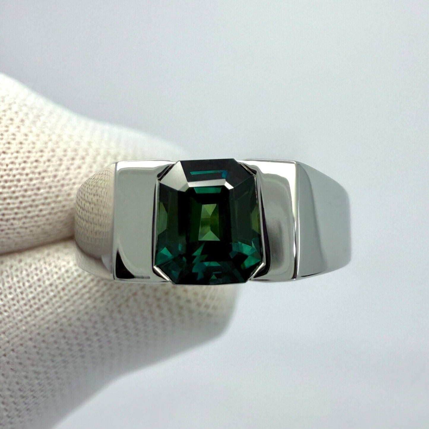 IGI Certified 1.48ct Blue Green No Heat Sapphire Fancy Platinum Signet Band Ring