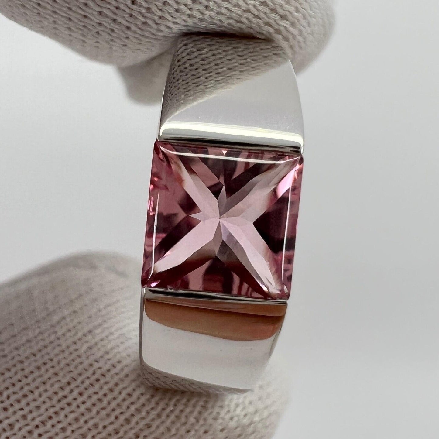 Vintage Cartier Vivid Pink Tourmaline 18 Karat White Gold Tank Band Ring 50