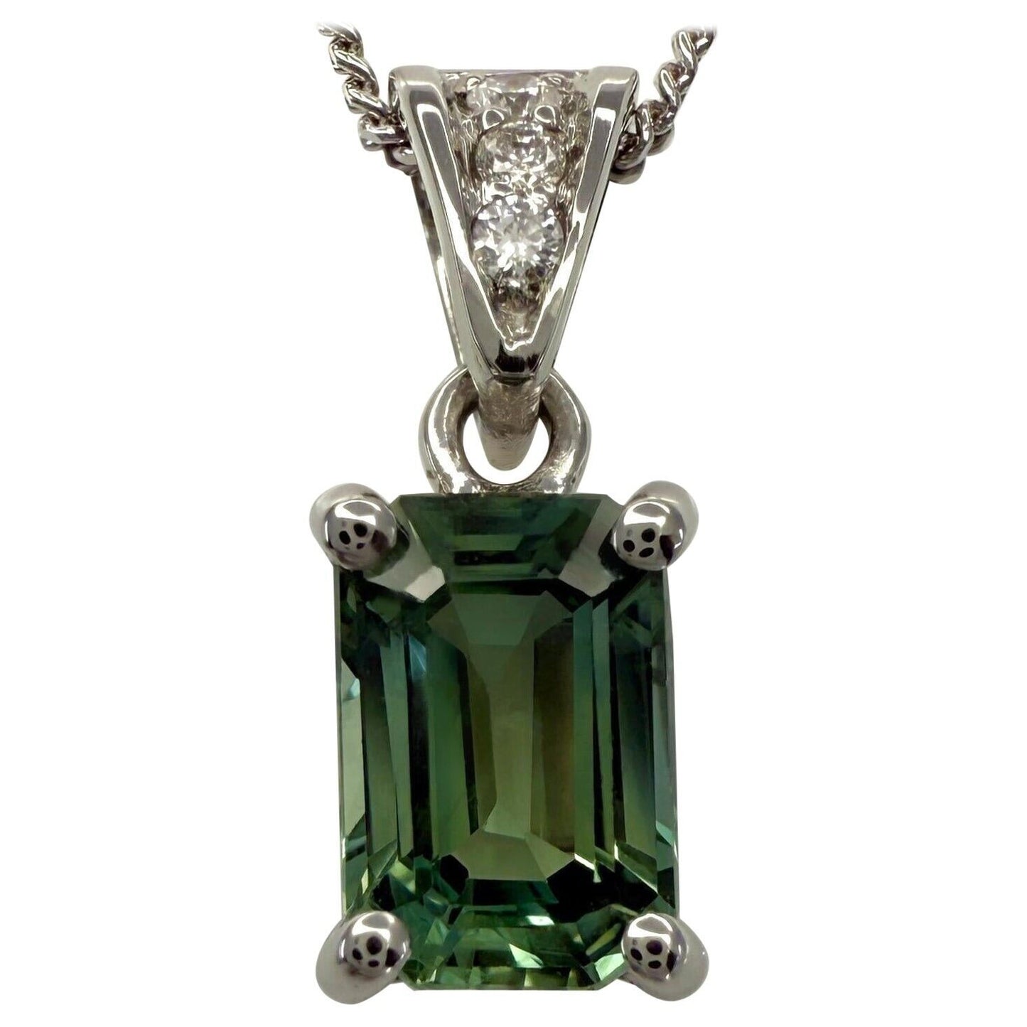 1.16ct Vivid Green Sapphire & Diamond Platinum Emerald Cut Solitaire Pendant
