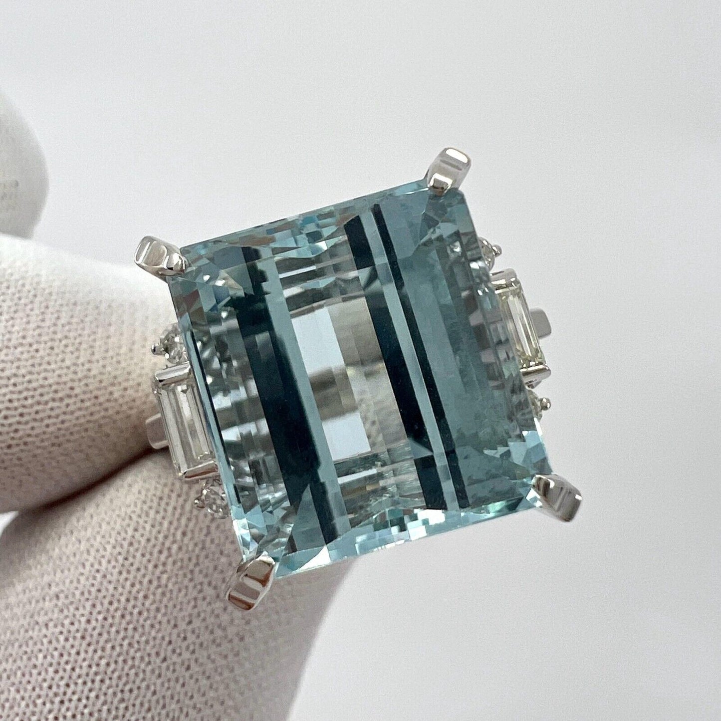 10.25 Carat Light Blue Emerald Cut Aquamarine And Diamond Platinum Art Deco Ring