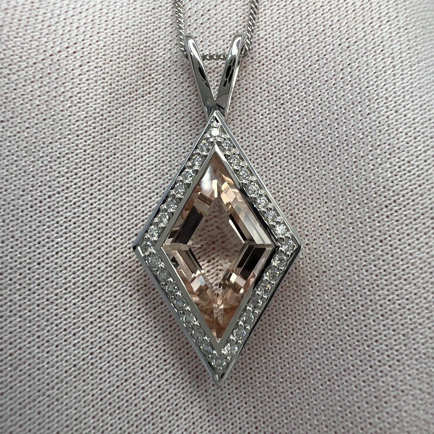 3.43ct Fancy Kite Cut Morganite & Diamond 18k White Gold Halo Pendant Necklace