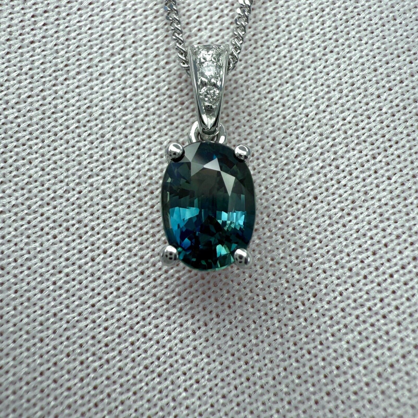 1.01ct Vivid Green Blue Sapphire & Diamond Platinum Oval Cut Solitaire Pendant