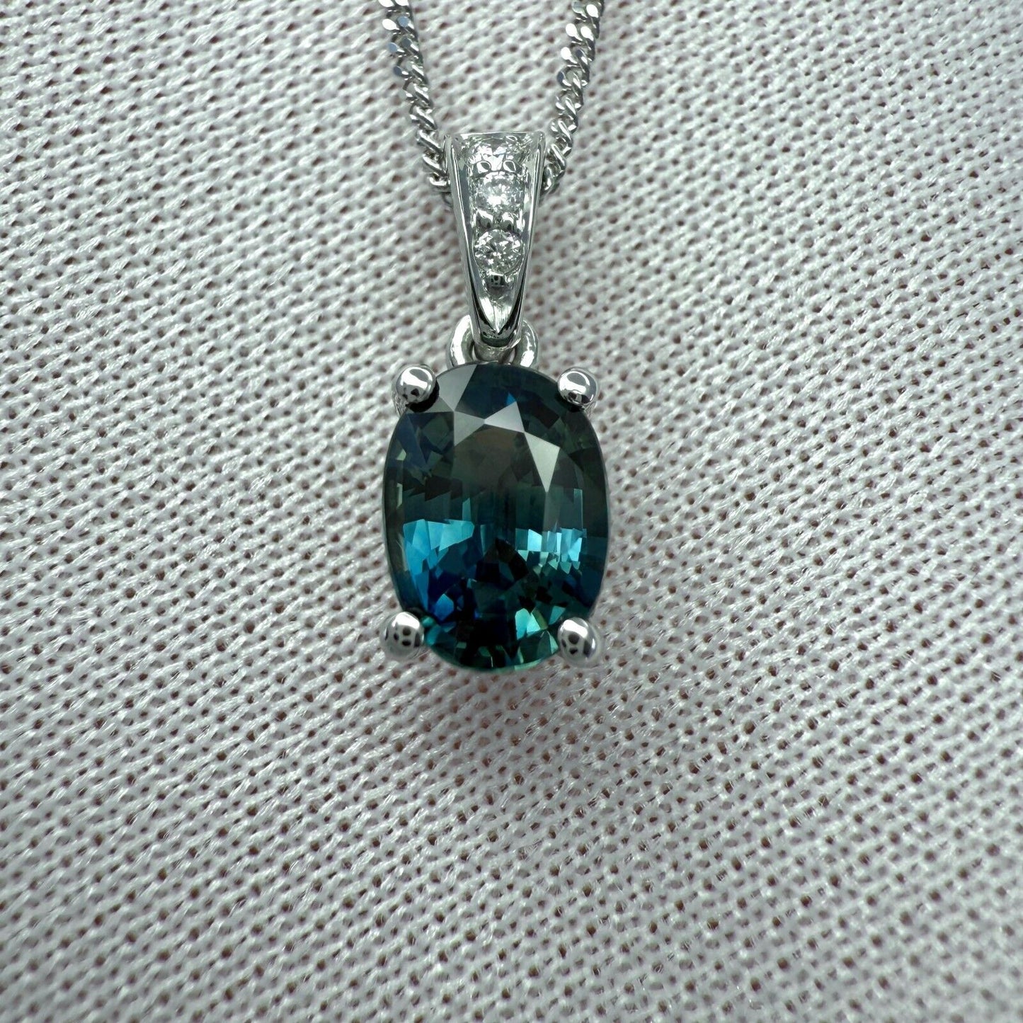 1.01ct Vivid Green Blue Sapphire & Diamond Platinum Oval Cut Solitaire Pendant
