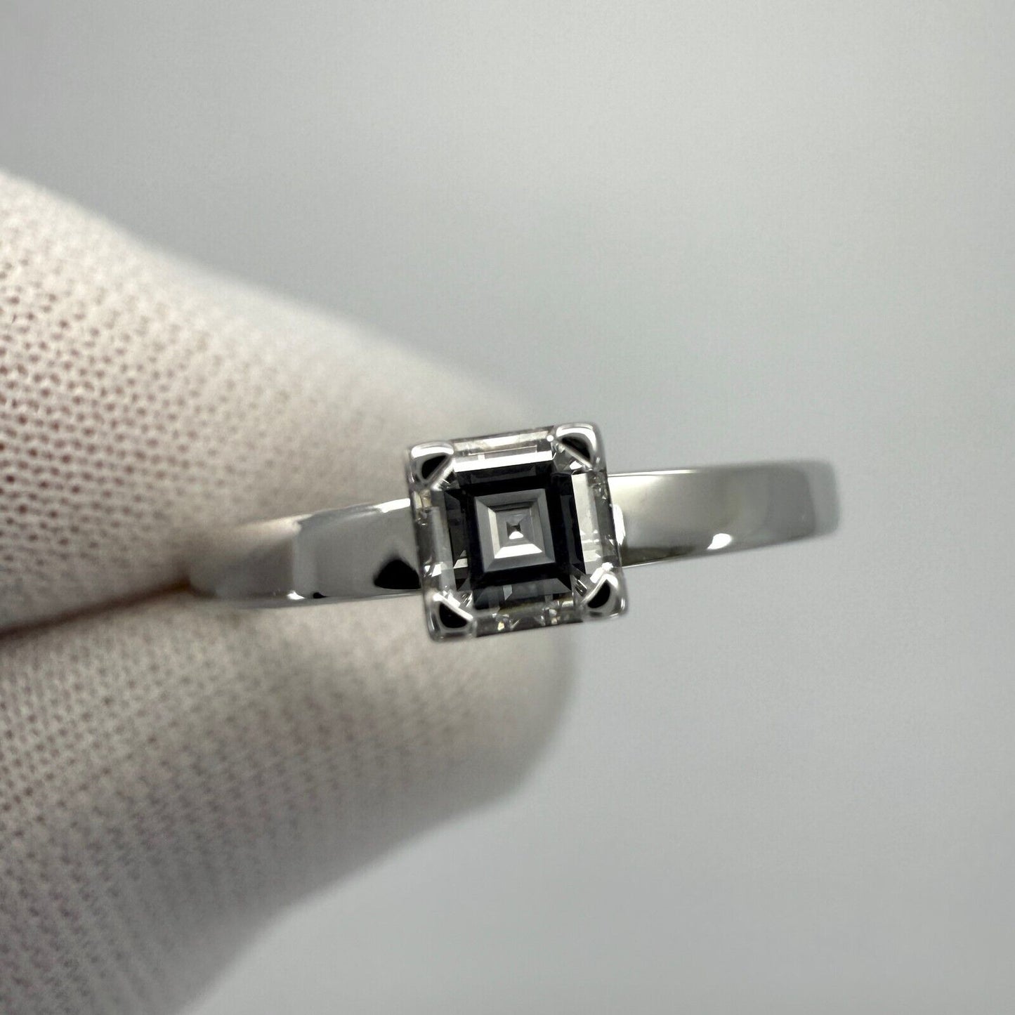 Vintage Chopard Asscher Cut Diamond Hidden Halo 18k White Gold Solitaire Ring