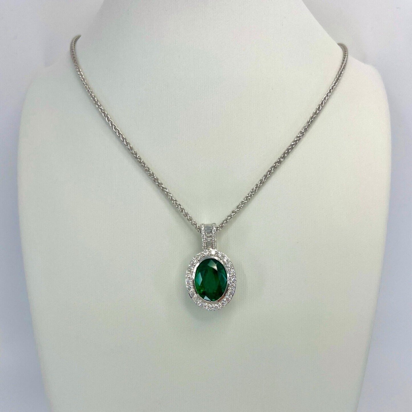 6.06ct GIA Certified Oval Cut Emerald & Diamond 18k White Gold Pendant Necklace