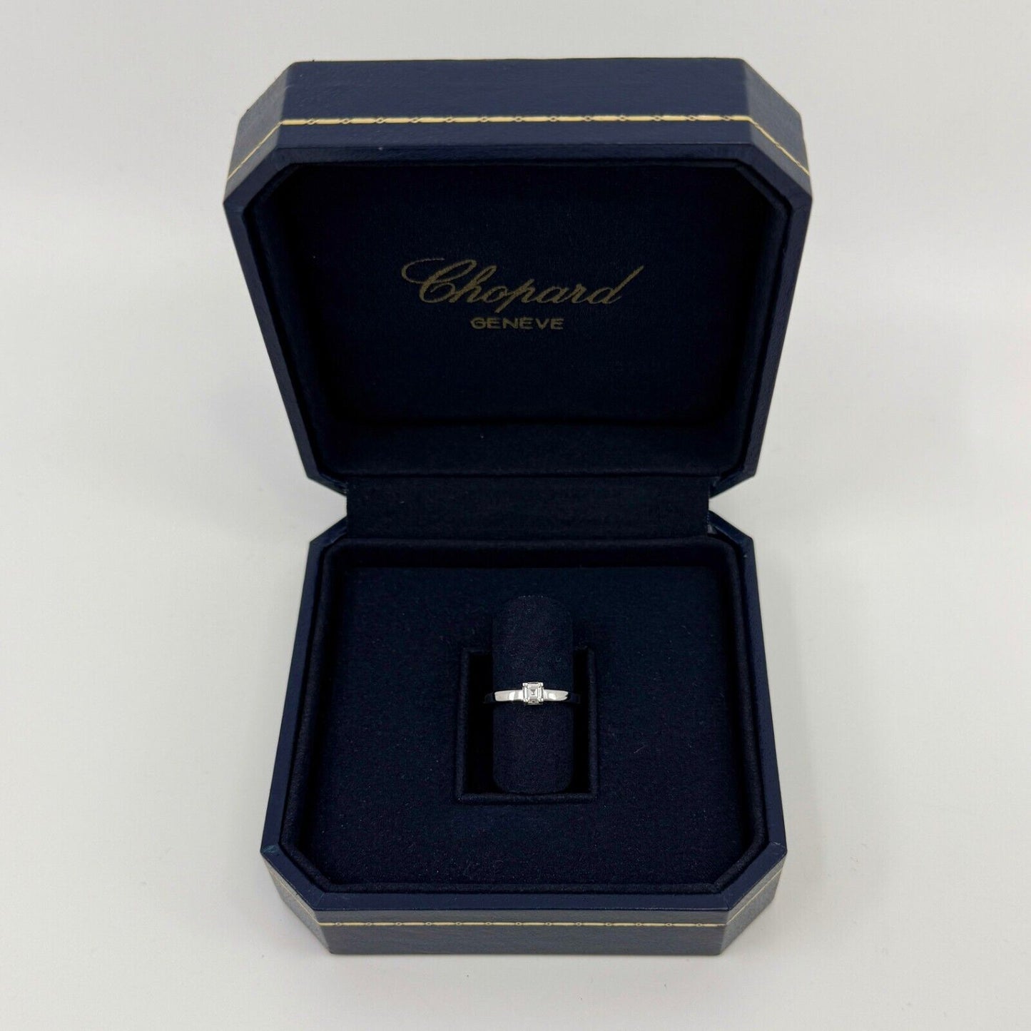 Vintage Chopard Asscher Cut Diamond Hidden Halo 18k White Gold Solitaire Ring