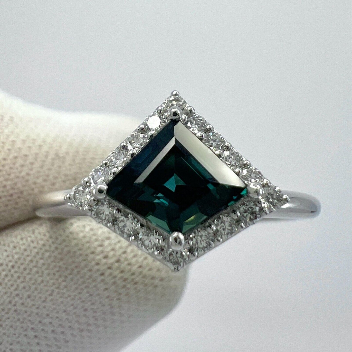 IGI Certified 1.04ct Fancy Kite Blue Sapphire & Diamond 18k White Gold Halo Ring