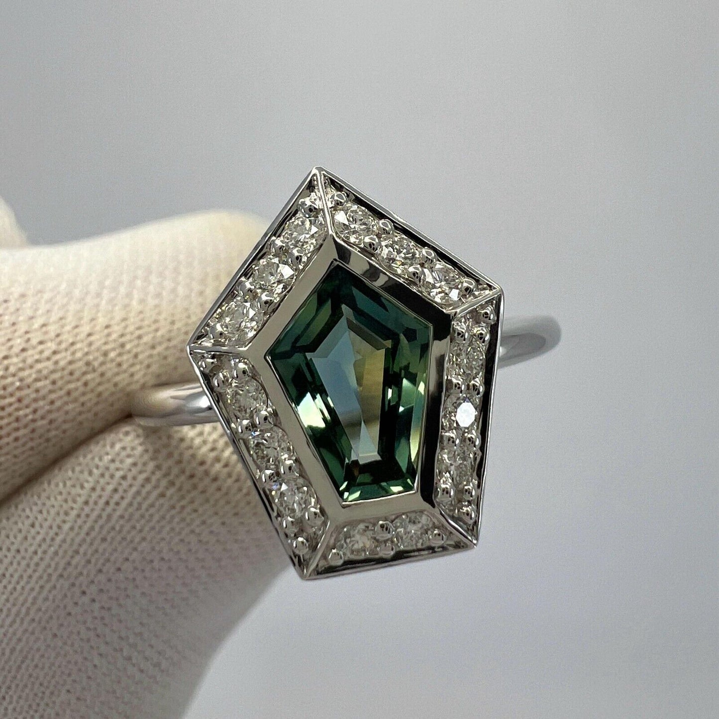 GIA Certified 1.35ct Untreated Sapphire Green Blue & Diamond 18k White Gold Ring