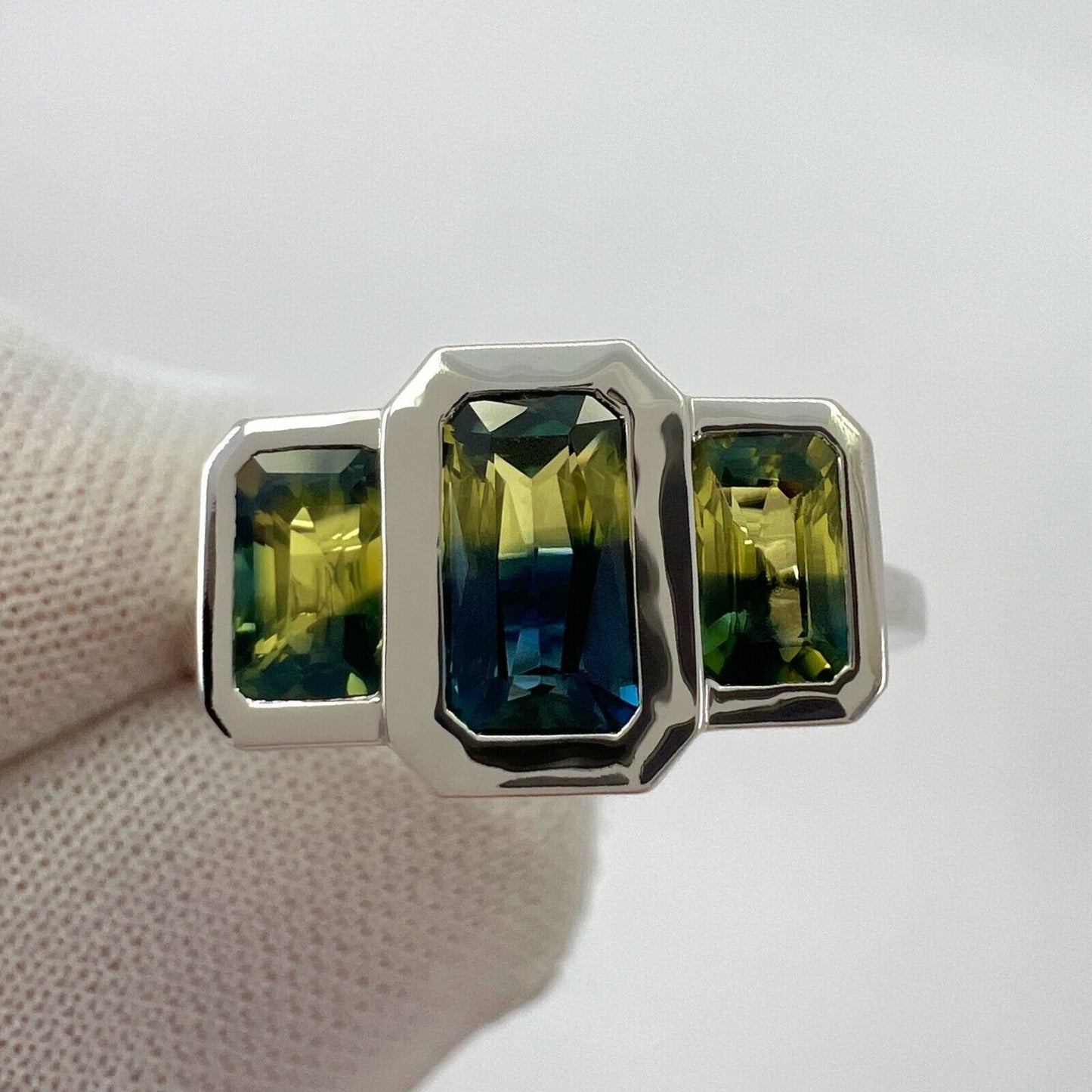 2.00ct Bi Colour Yellow Blue Australian Sapphire 18k White Gold Three Stone Ring