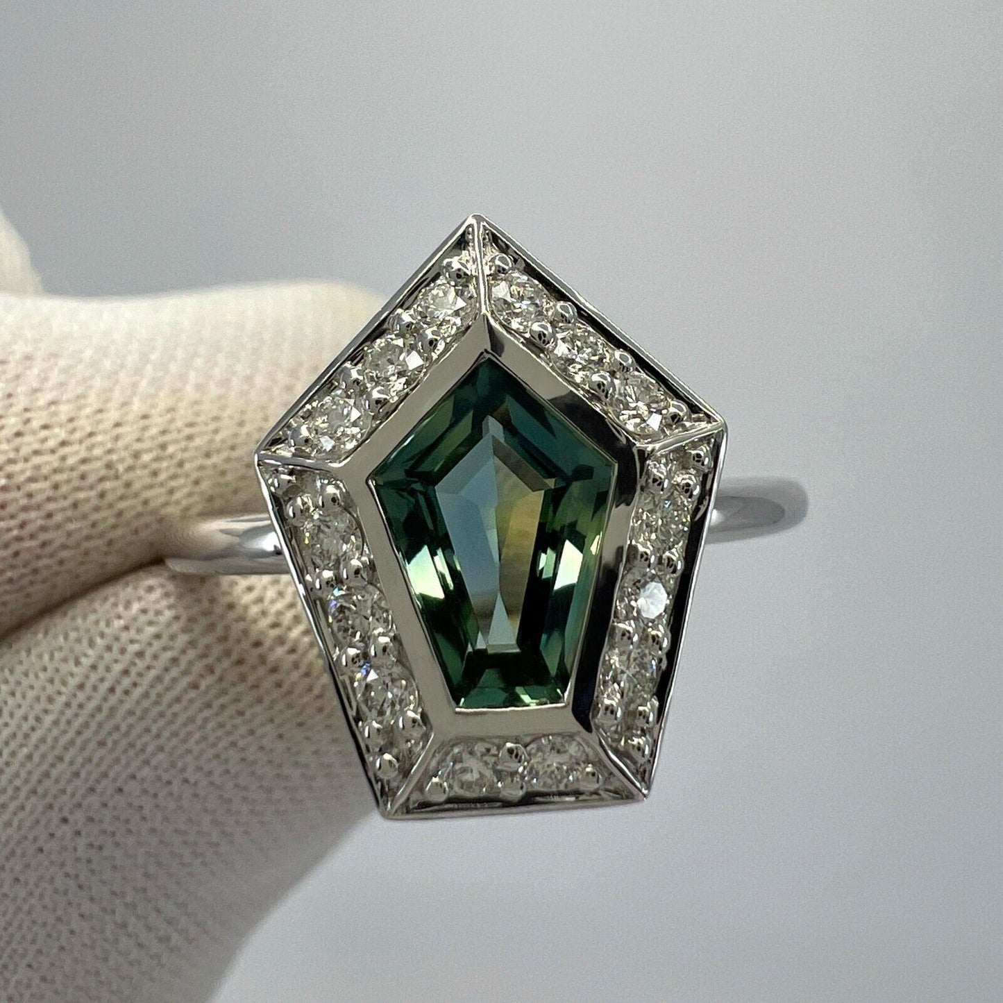 GIA Certified 1.35ct Untreated Sapphire Green Blue & Diamond 18k White Gold Ring