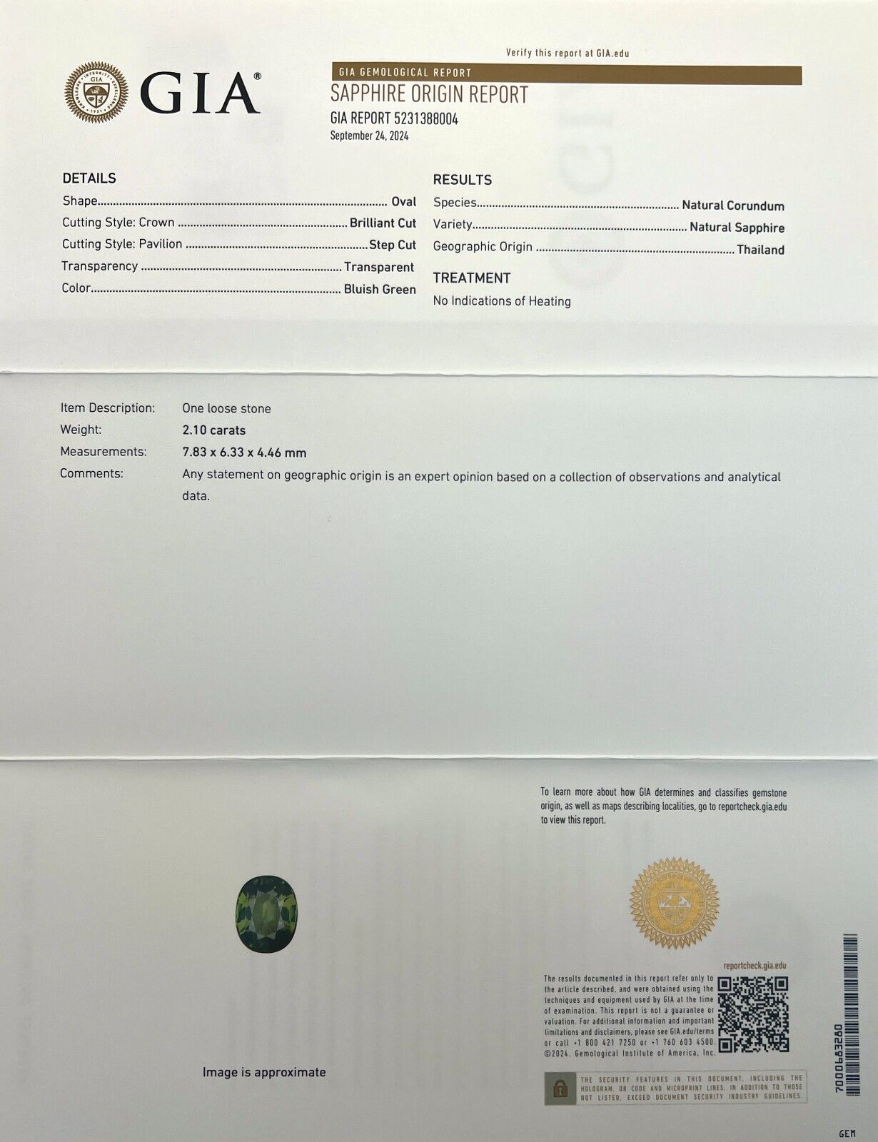 2.10ct GIA CERTIFIED Untreated Sapphire THAI Green Blue Oval Cut Gem 7.8x6.3mm