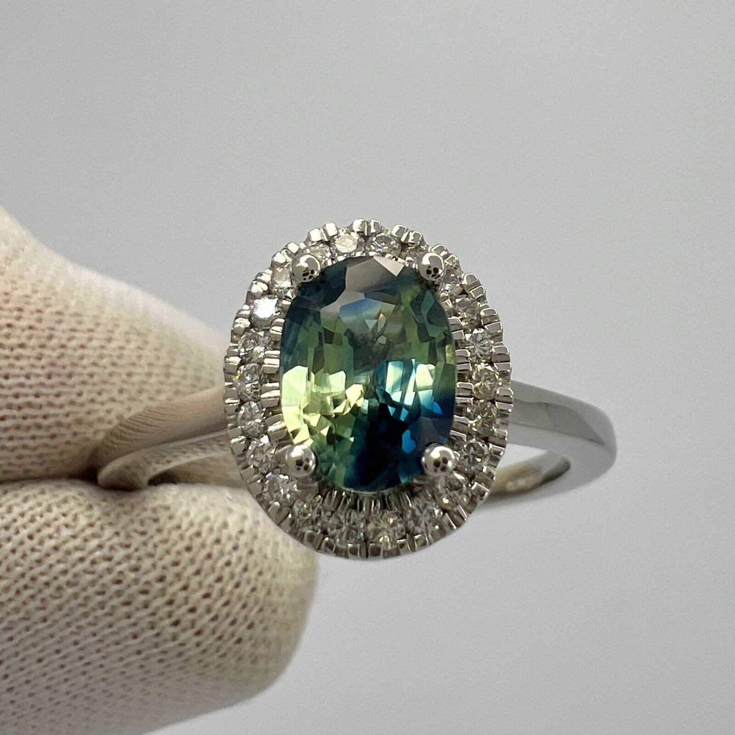 1.22ct Parti Bi Colour Oval Cut Blue Green Sapphire & Diamond Platinum Halo Ring