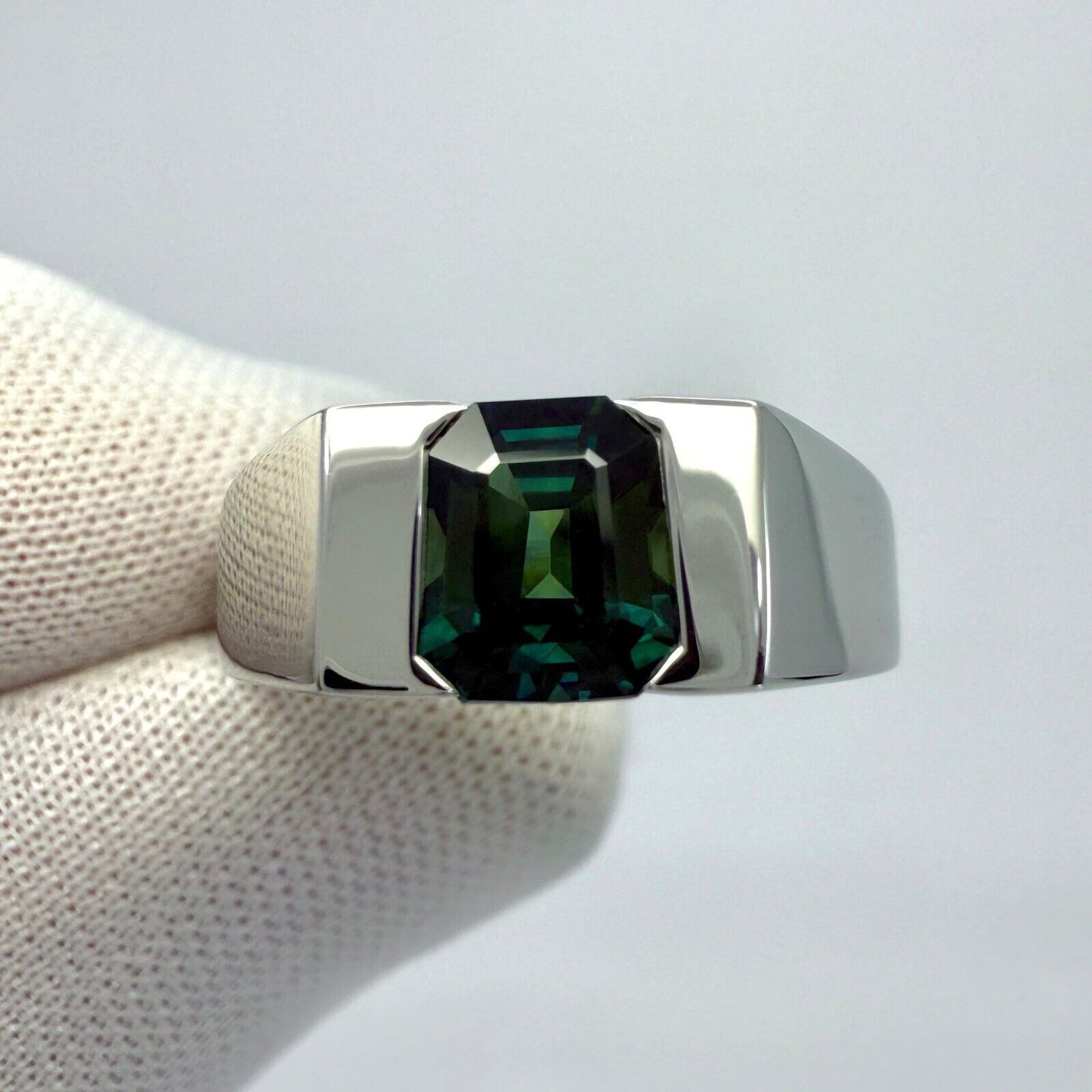 IGI Certified 1.48ct Blue Green No Heat Sapphire Fancy Platinum Signet Band Ring