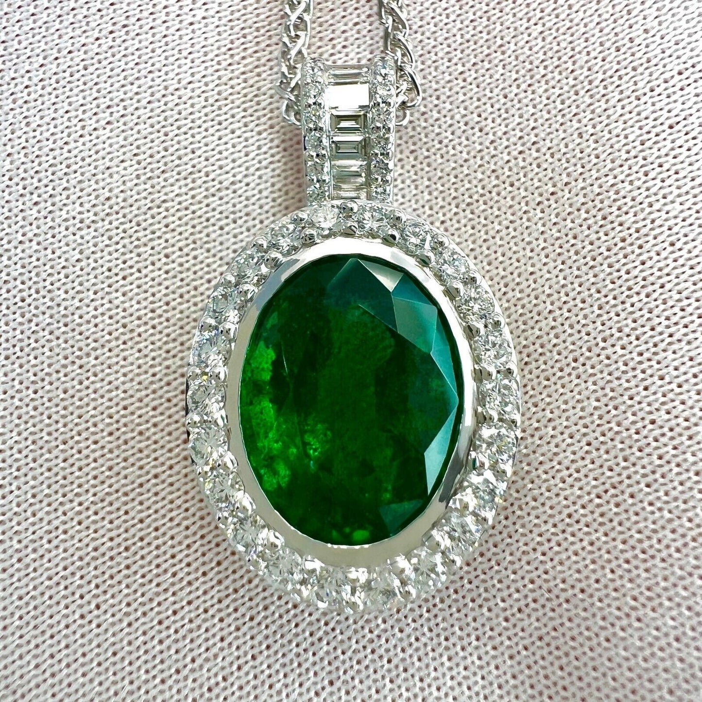 6.06ct GIA Certified Oval Cut Emerald & Diamond 18k White Gold Pendant Necklace