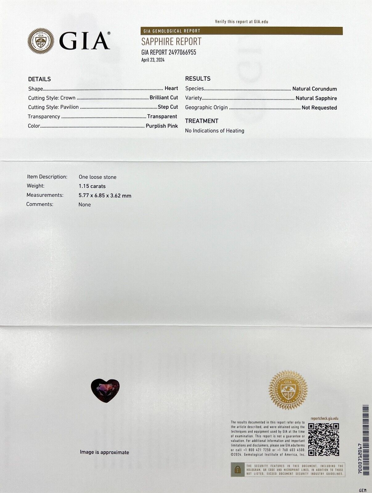 GIA CERTIFIED Bi Colour Sapphire NATURAL 1.15ct UNTREATED Purple Pink Heart Cut