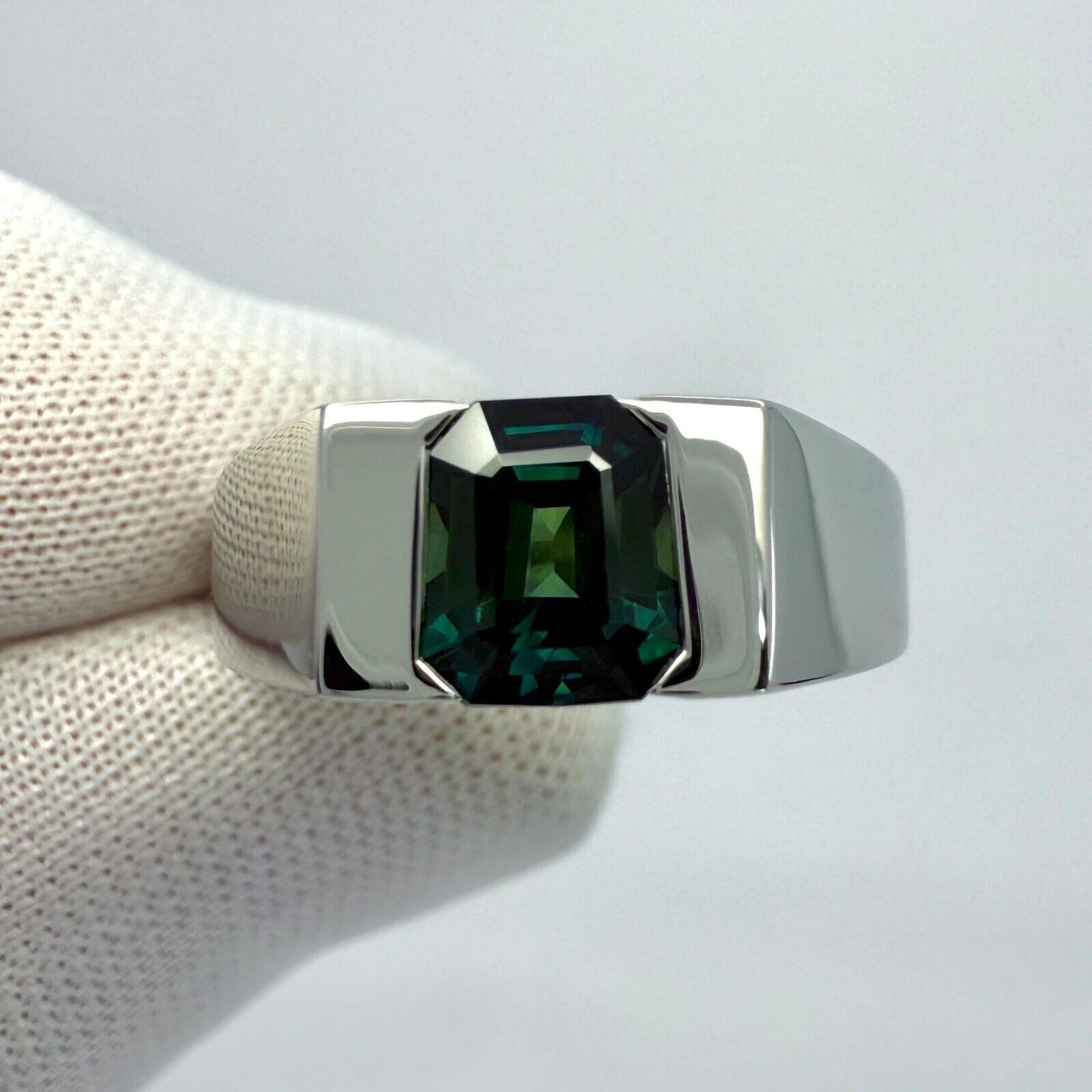 IGI Certified 1.48ct Blue Green No Heat Sapphire Fancy Platinum Signet Band Ring