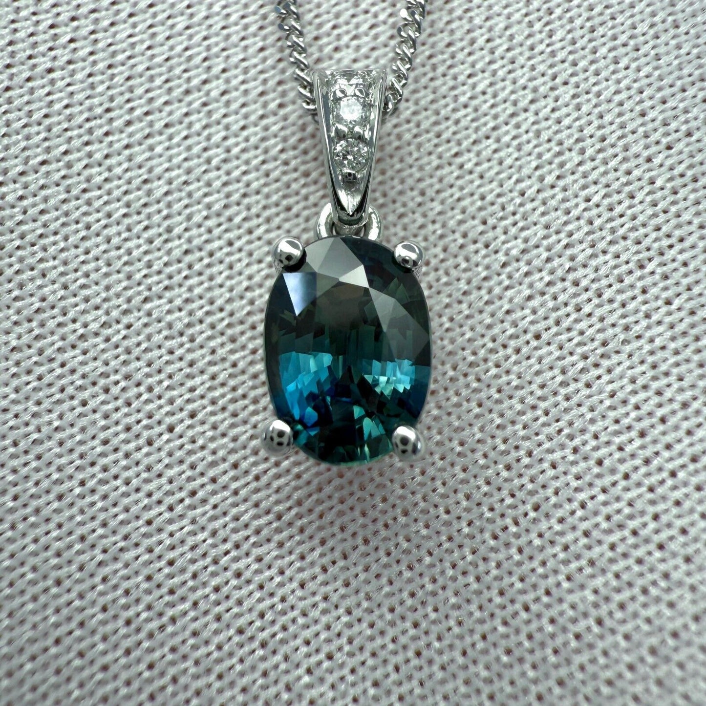 1.01ct Vivid Green Blue Sapphire & Diamond Platinum Oval Cut Solitaire Pendant