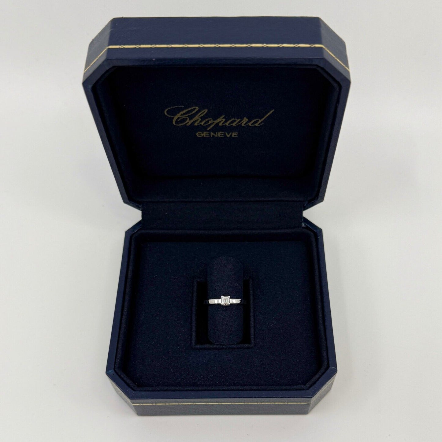 Vintage Chopard Asscher Cut Diamond Hidden Halo 18k White Gold Solitaire Ring