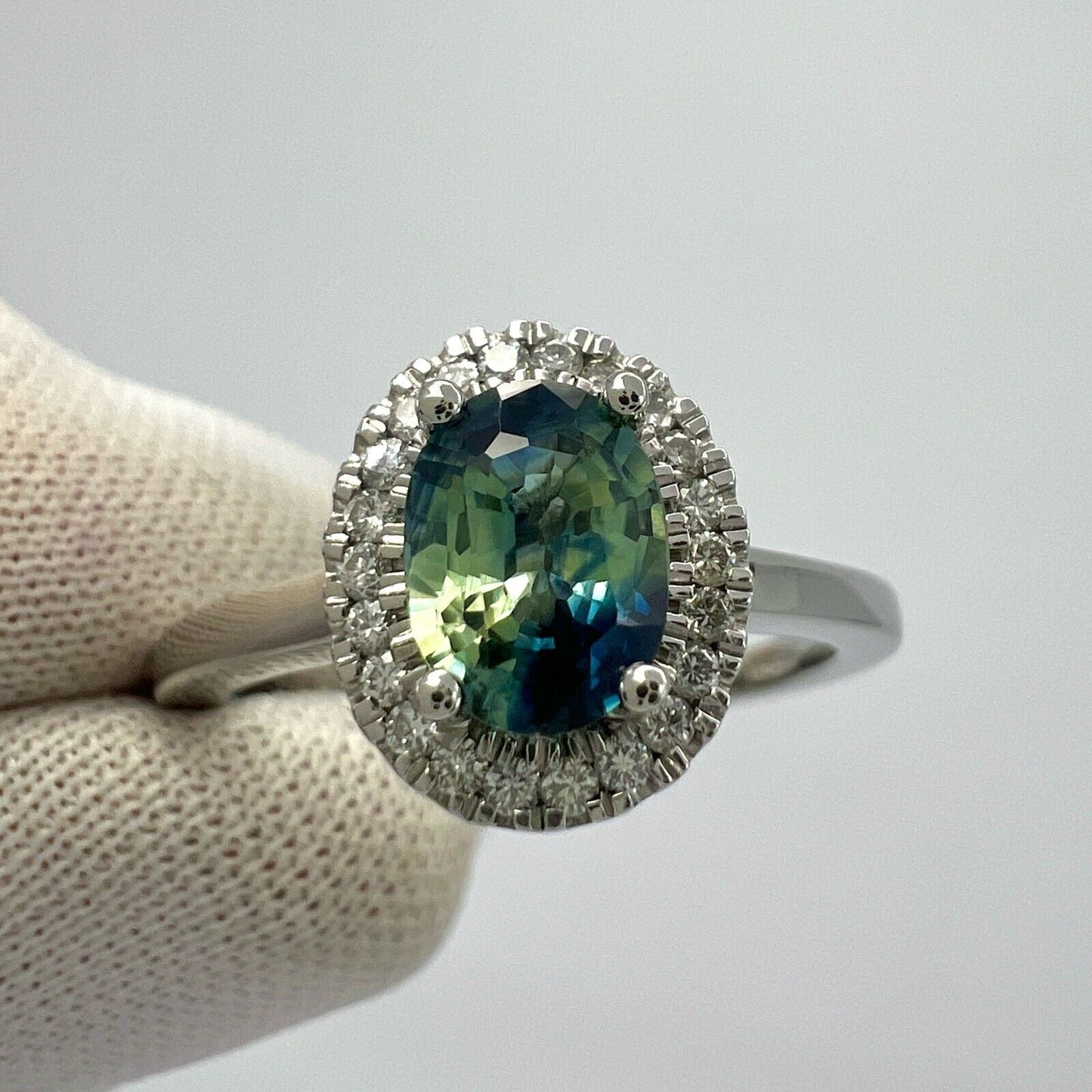 1.22ct Parti Bi Colour Oval Cut Blue Green Sapphire & Diamond Platinum Halo Ring