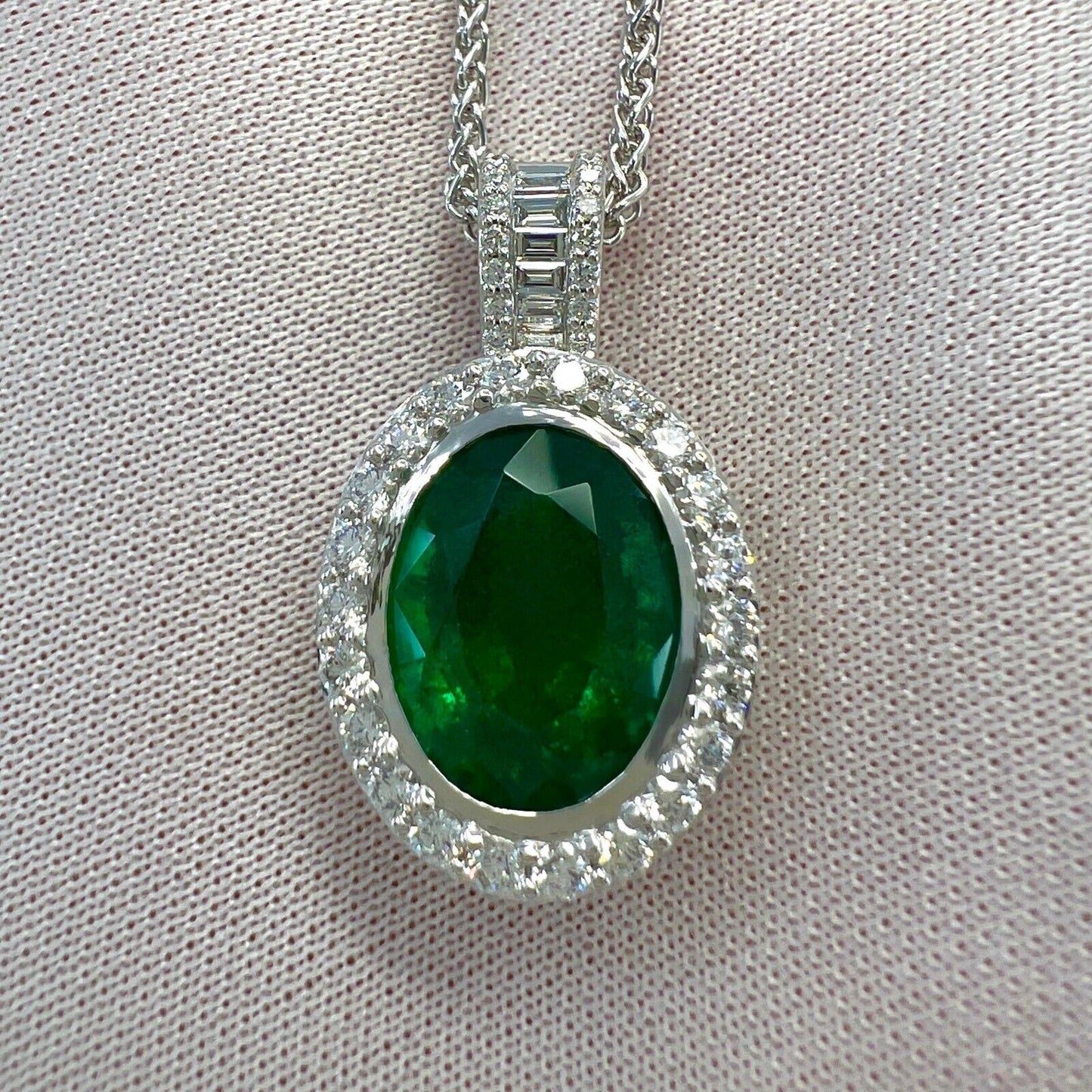 6.06ct GIA Certified Oval Cut Emerald & Diamond 18k White Gold Pendant Necklace