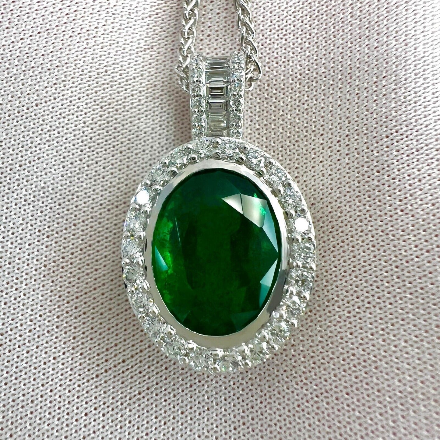 6.06ct GIA Certified Oval Cut Emerald & Diamond 18k White Gold Pendant Necklace