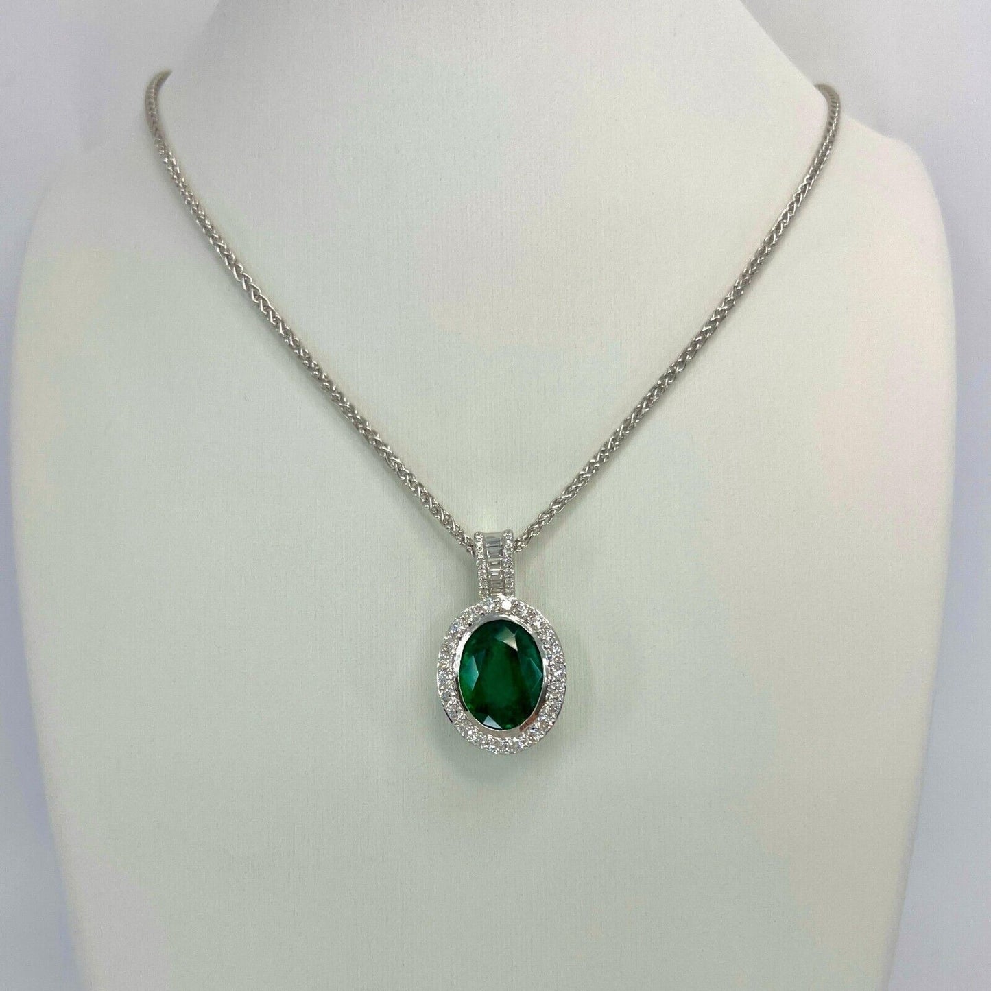 6.06ct GIA Certified Oval Cut Emerald & Diamond 18k White Gold Pendant Necklace